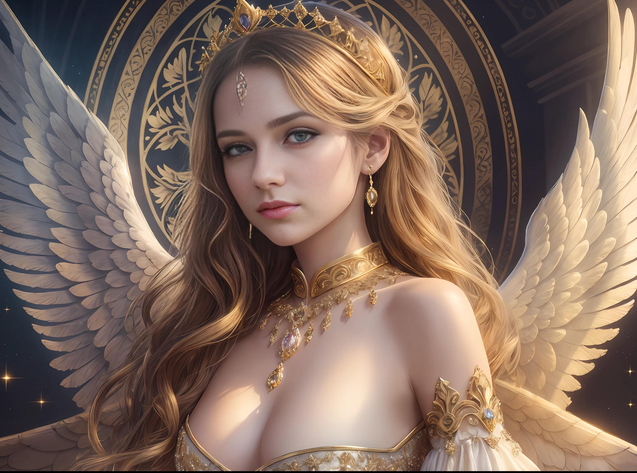 Masterpiece, Best Quality, Portrait of a Beautiful Woman, Intricate Dress, Sadness, Golden Eyes, Realism, Masterpiece, Archangel, Angel Wings, Silk Dress, Wind, Fantasy, From ArtStation, Glitter Jewelry, Glare, Rainbow Colors, Global Illumination, Real Hair Movement, Realistic Light, Realistic Shadows, Side Vision, ((Perspective)), Soft Light, Dream Light, Perfect Eyes, Background 4K, Romance, High Detail, Crown, Gold and Gemstones, --v6