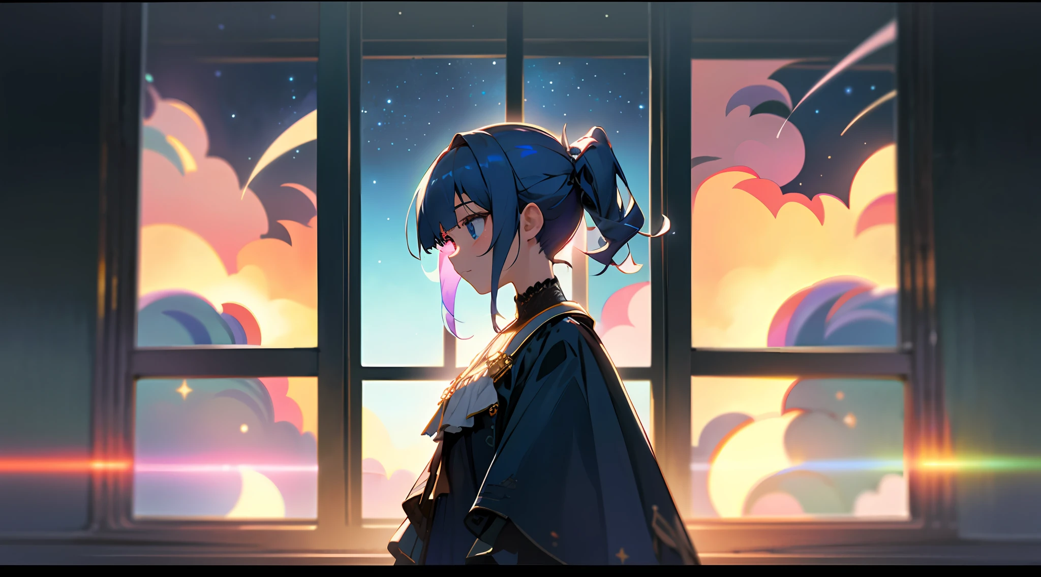 Bust, upper body, vista, panorama, perspective, depth of field, cinematic angle, masterpiece, best quality, ultra-detailed, CG, 8K wallpaper, pretty face, delicate eyes, a girl, solo, standing in front of the window, starry sky outside the window, night, pitch black room, back, perspective from behind, behind, silhouette, intricate details, volumetric lighting, highly detailed, colorful details, dreamy