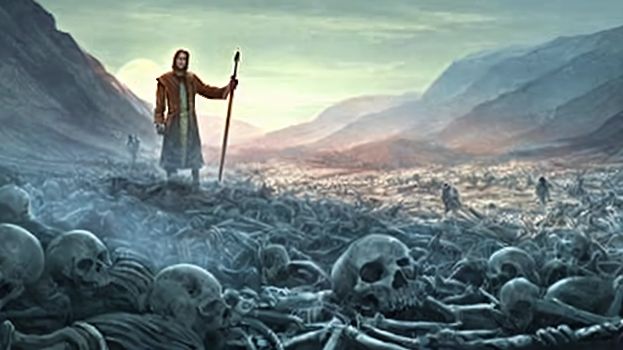 arafed image of a man standing in a field of skeletons, biblical epic movie, dug stanat macabre art, epic biblical depiction, apocalyptic art, apocalyptic fantasy, apocalyptic 8k, apocalyptic 8 k, ( apocalyptic ) 8 k, jesus christ is the doom slayer, life after the plague, apocalypse art, desert valley of bones, matte painting”