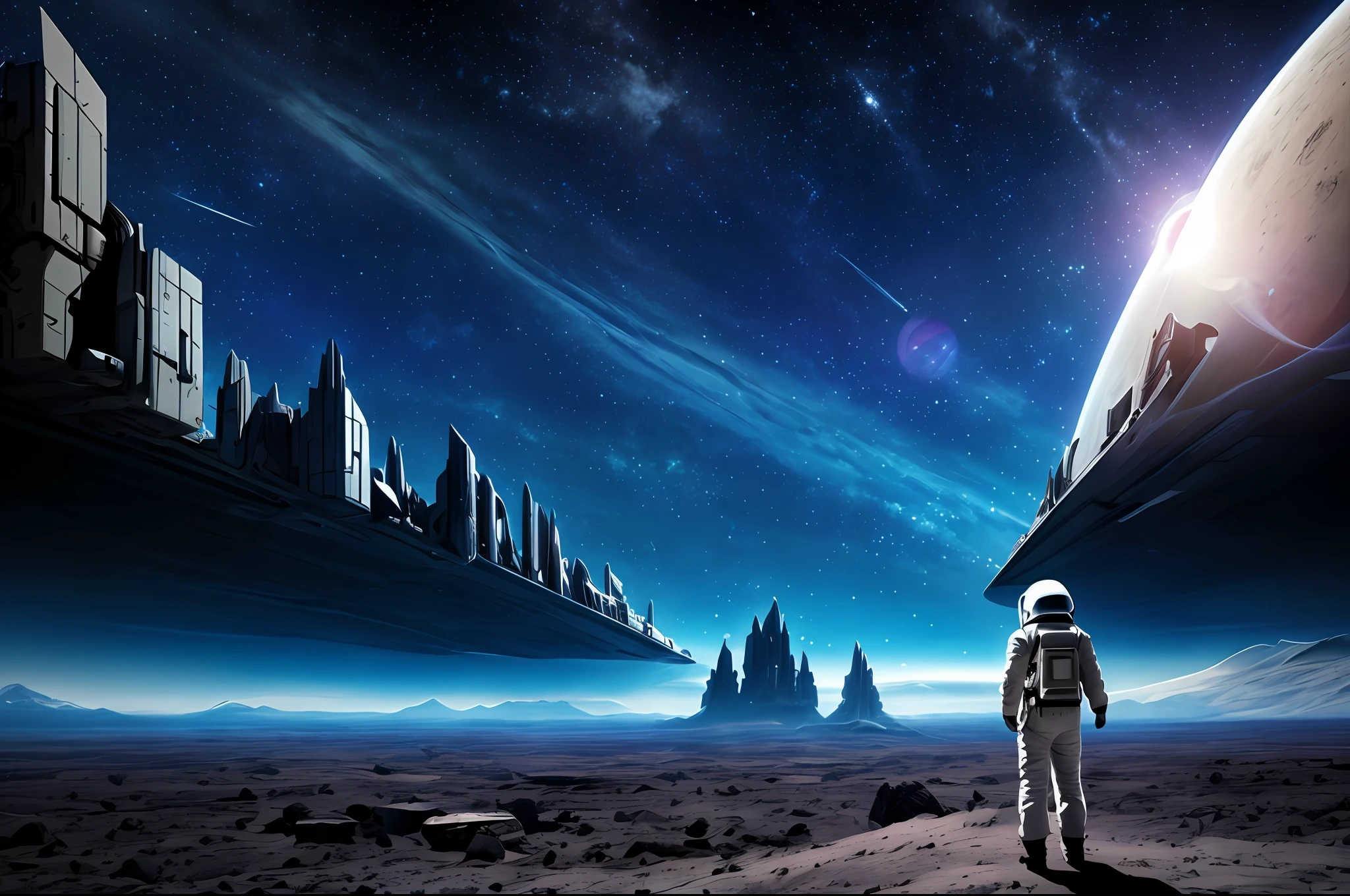 An astronaut wandering on a strange planet far from earth with a wonderful sky looking at a space ruin
