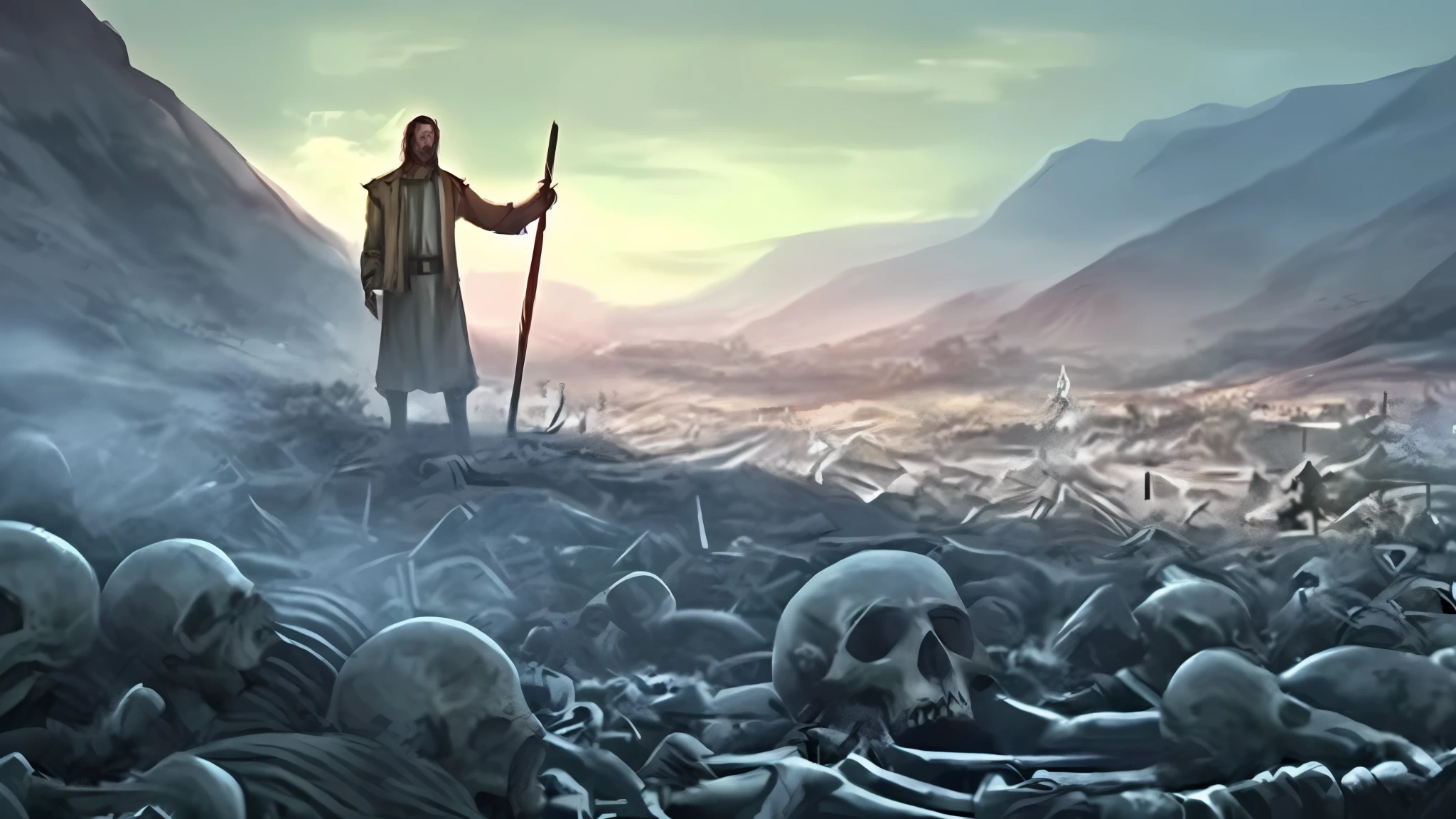 arafed image of a man standing in a field of skeletons, biblical epic movie, dug stanat macabre art, epic biblical depiction, apocalyptic art, apocalyptic fantasy, apocalyptic 8k, apocalyptic 8 k, ( apocalyptic ) 8 k, jesus christ is the doom slayer, life after the plague, apocalypse art, desert valley of bones, matte painting”