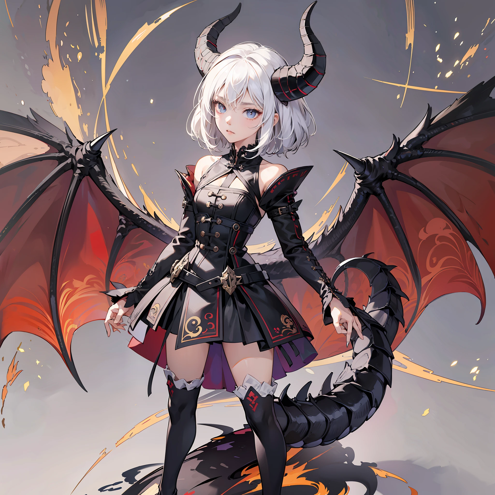2D, masterpiece, best quality, anime, highly detailed face, highly detailed eyes, highly detailed background, perfect lighting, full body, 1girl, solo, black dragon girl, highly detailed white hair, short hair, highly detailed black locks in hair, highly detailed neck scales, highly detailed shoulder scales, highly detailed black dragon tail, highly detailed claws, sharp teeth, standing, barefoot, highly detailed dragon horns, tomboy girl, highly detailed cute expression, ((best quality)), ((highly detailed)) --auto --s2