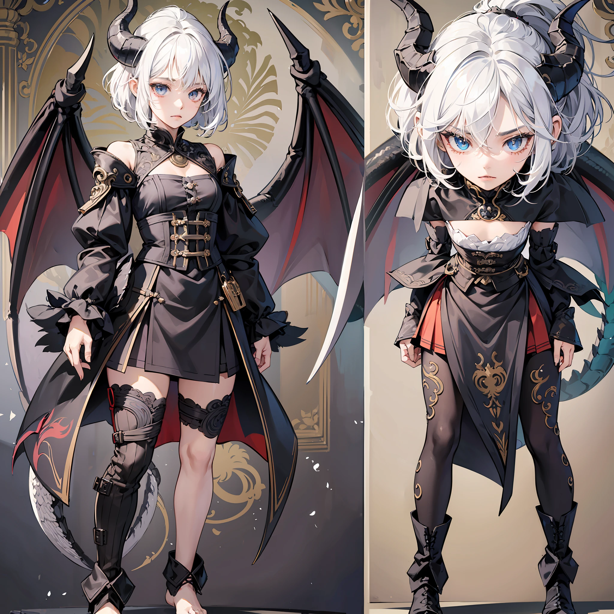 2D, masterpiece, best quality, anime, highly detailed face, highly detailed eyes, highly detailed background, perfect lighting, full body, 1girl, solo, black dragon girl, highly detailed white hair, short hair, highly detailed black locks in hair, highly detailed neck scales, highly detailed shoulder scales, highly detailed black dragon tail, highly detailed claws, sharp teeth,  standing, barefoot, highly detailed dragon horns, tomboy girl, highly detailed cute expression, ((best quality)), ((highly detailed)) --auto --s2