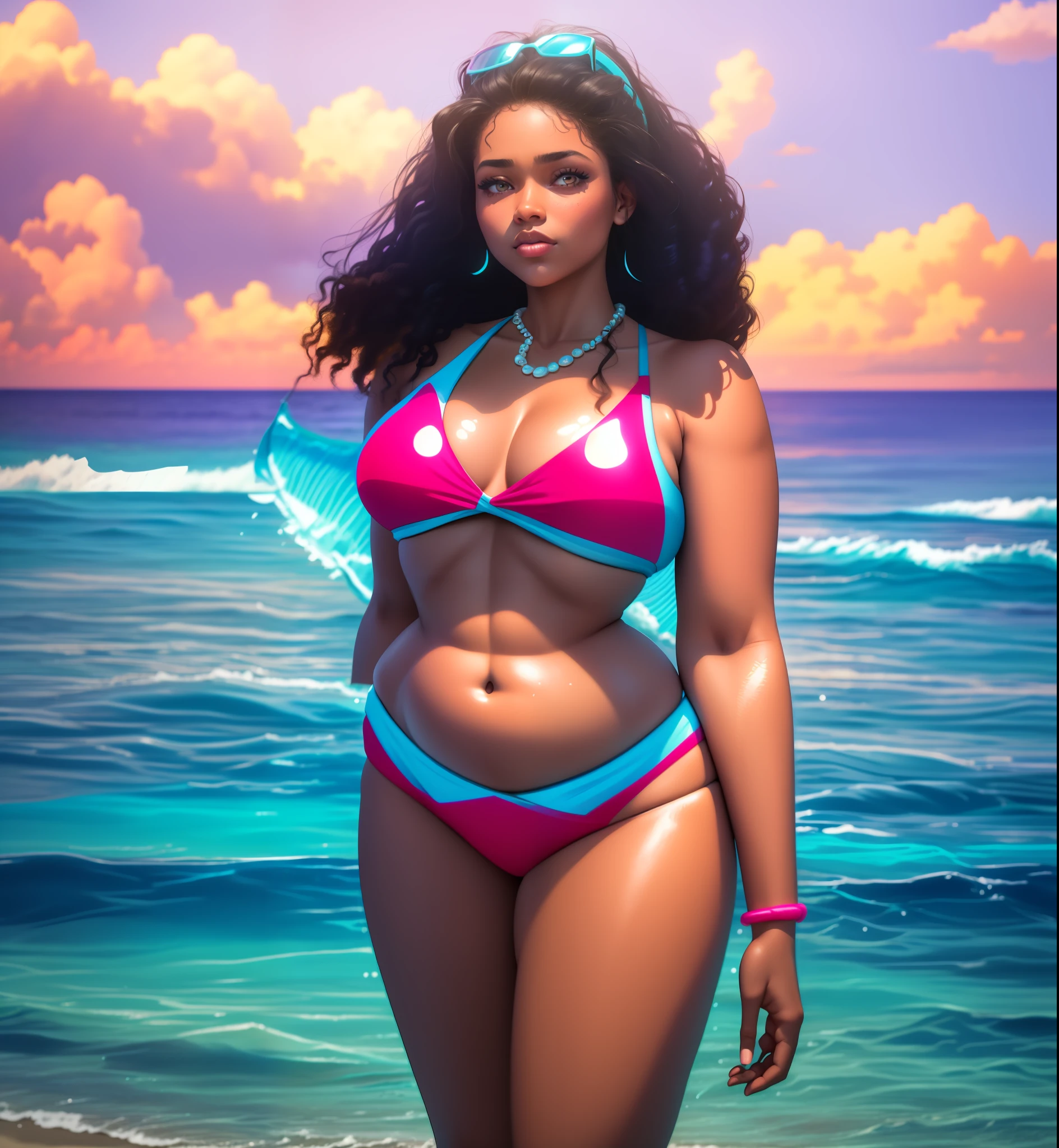 There is a bikini woman standing on the beach, is wearing swimsuit, waist a little wide and hips thick, wearing two-piece swimsuit, full body bikini, wearing pearl neon bikini, thick body, 18-year-old woman from Cuba, beautiful and thick woman, wearing bikini, wider hips, bikini, high quality image, beautiful eyes