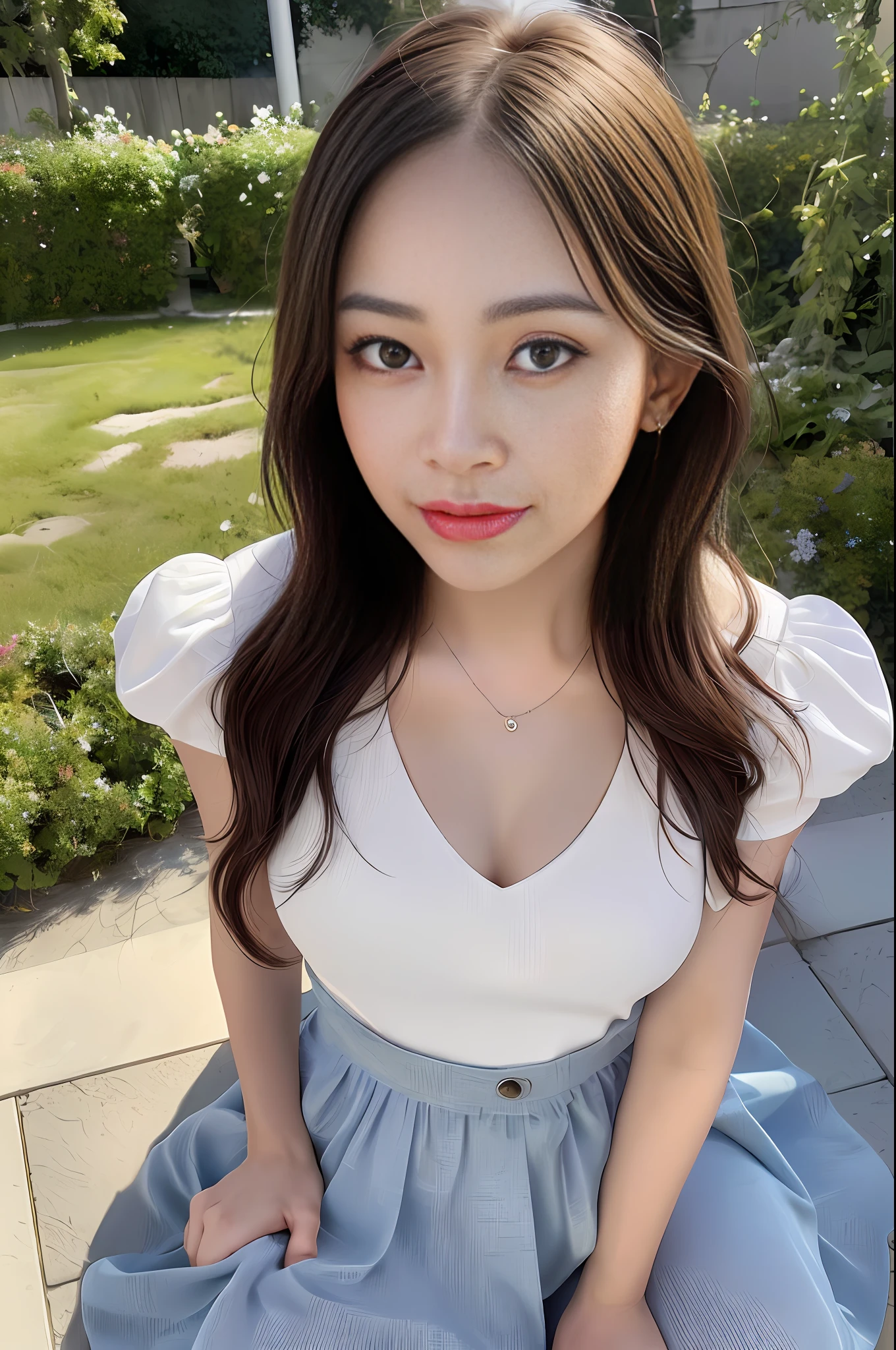 RAW, (Intricate Details: 1.3), (Best Quality: 1.3), (Masterpiece: 1.3), (Realistic:1.4), (Masterpiece, Best Quality, Ultra Detailed), [Reflection], Ultra Realistic,
(Best Lighting, Best Shadows, Extremely Delicate and Beautiful), shot by Canon EOS, SIGMA Art Lens 35mm F1.4, ISO 200 shutter speed 2000, vivid picture, 1 girl, super detailed,
Ultra-high resolution, very detailed physically based rendering, dynamic angles, dynamic poses, wind, 8K UHD, vivid graphics, high definition, high-quality textures, complex details,
Accent lighting, (Backlight:1.3), Professional lighting, Face lighting, Film lighting, Bokeh,
(Best Quality True Texture Skin: 1.4), Fine Fine Eyes, Fine Fine Face, Fine Eyes,
Fine texture, fine detail, high detail, extremely detailed CG, high quality shadows, realistic facial expression, (high detail skin, skin detail), slender waist, beautiful realistic and detailed hands and fingers: 1, optimal ratio of four fingers and one thumb, (detailed face, detailed eyes, beautiful face), belly fat: 0.1, Carmelto, looking at the audience,
1girl, 19yo, (sparkling eyes: 1.3), (sparkling lips: 1.3), (necklace), (looking at the audience), (small breasts), (dresses and pleated skirts), (from below), (open legs: 0.7), (tired sleepy and smiling: 1.2),
Outdoor, (in the middle of a rose garden), (long shot, full body shot, rule of thirds)