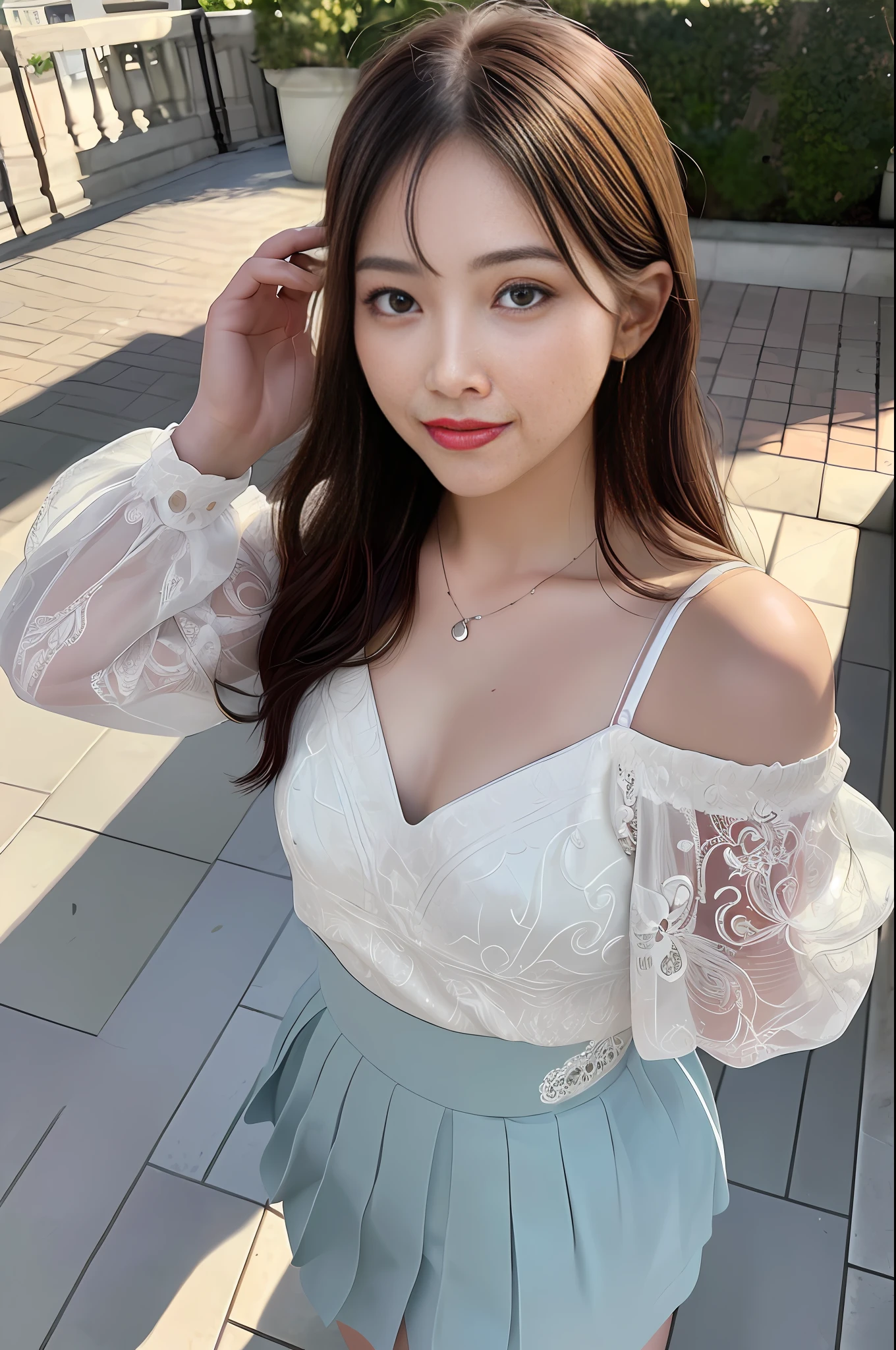 RAW, (Intricate Details: 1.3), (Best Quality: 1.3), (Masterpiece: 1.3), (Realistic:1.4), (Masterpiece, Best Quality, Ultra Detailed), [Reflection], Ultra Realistic,
(Best Lighting, Best Shadows, Extremely Delicate and Beautiful), shot by Canon EOS, SIGMA Art Lens 35mm F1.4, ISO 200 shutter speed 2000, vivid picture, 1 girl, super detailed,
Ultra-high resolution, very detailed physically based rendering, dynamic angles, dynamic poses, wind, 8K UHD, vivid graphics, high definition, high-quality textures, complex details,
Accent lighting, (Backlight:1.3), Professional lighting, Face lighting, Film lighting, Bokeh,
(Best Quality True Texture Skin: 1.4), Fine Fine Eyes, Fine Fine Face, Fine Eyes,
Fine texture, fine detail, high detail, extremely detailed CG, high quality shadows, realistic facial expression, (high detail skin, skin detail), slender waist, beautiful realistic and detailed hands and fingers: 1, optimal ratio of four fingers and one thumb, (detailed face, detailed eyes, beautiful face), belly fat: 0.1, Carmelto, looking at the audience,
1girl, 19yo, (sparkling eyes: 1.3), (sparkling lips: 1.3), (necklace), (looking at the audience), (small breasts), (dresses and pleated skirts), (from below), (open legs: 0.7), (tired sleepy and smiling: 1.2),
Outdoor, (in the middle of a rose garden), (long shot, full body shot, rule of thirds)