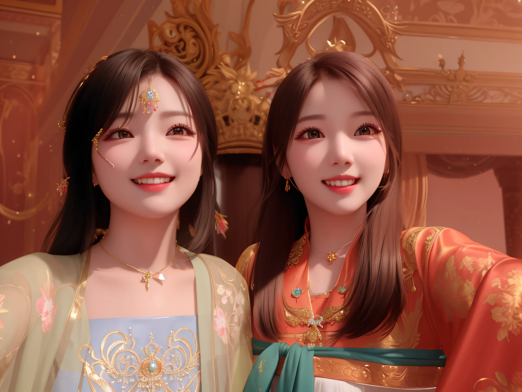 two girls, in a golden palace, smile, with beautiful dress and jewelry, ultra detailed, ray tracing