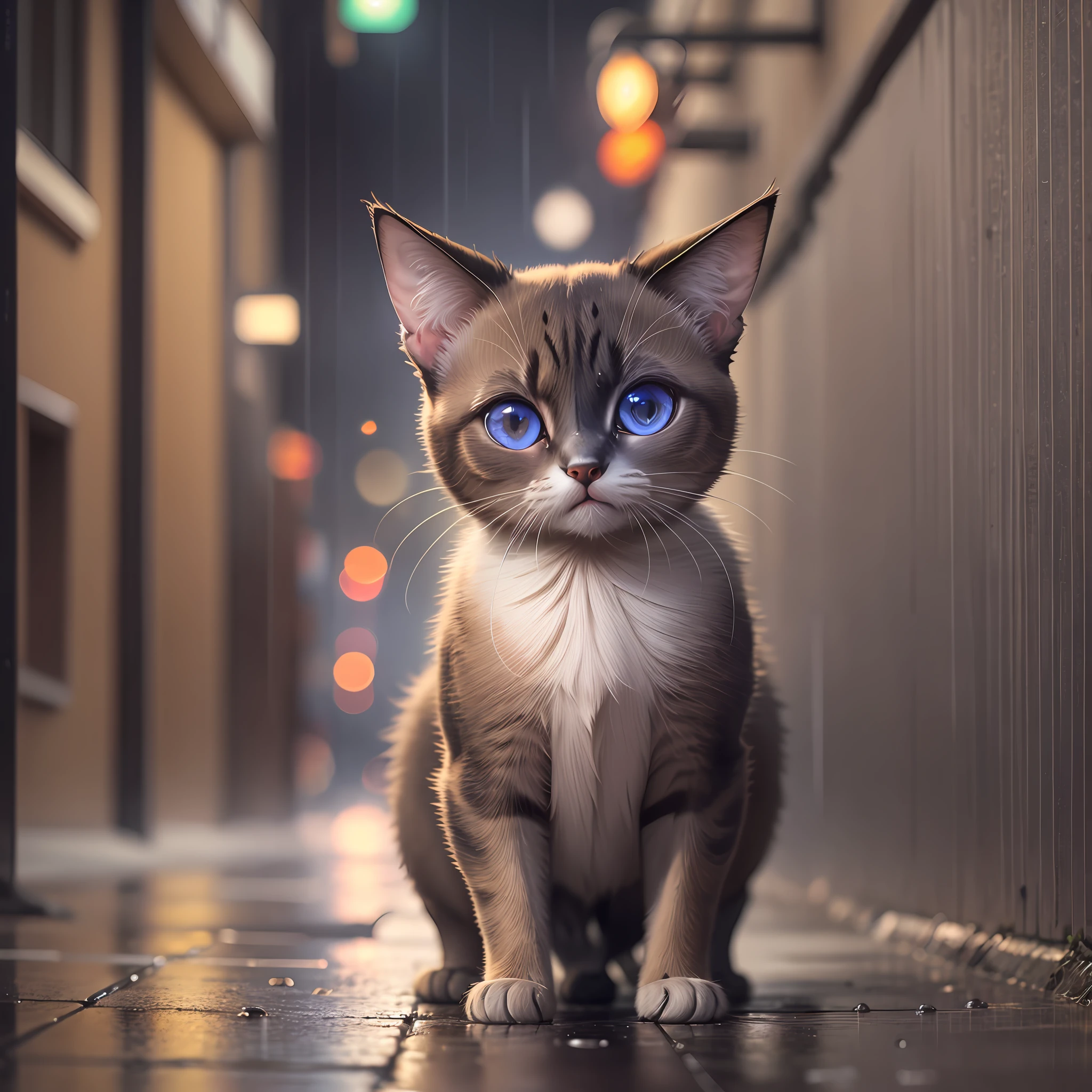 Siamese cat cute happy, cheerful eyes, realistic, night, dark, background with low lighting, dead-end street, alley, rain, cinematic 8k wallpaper
