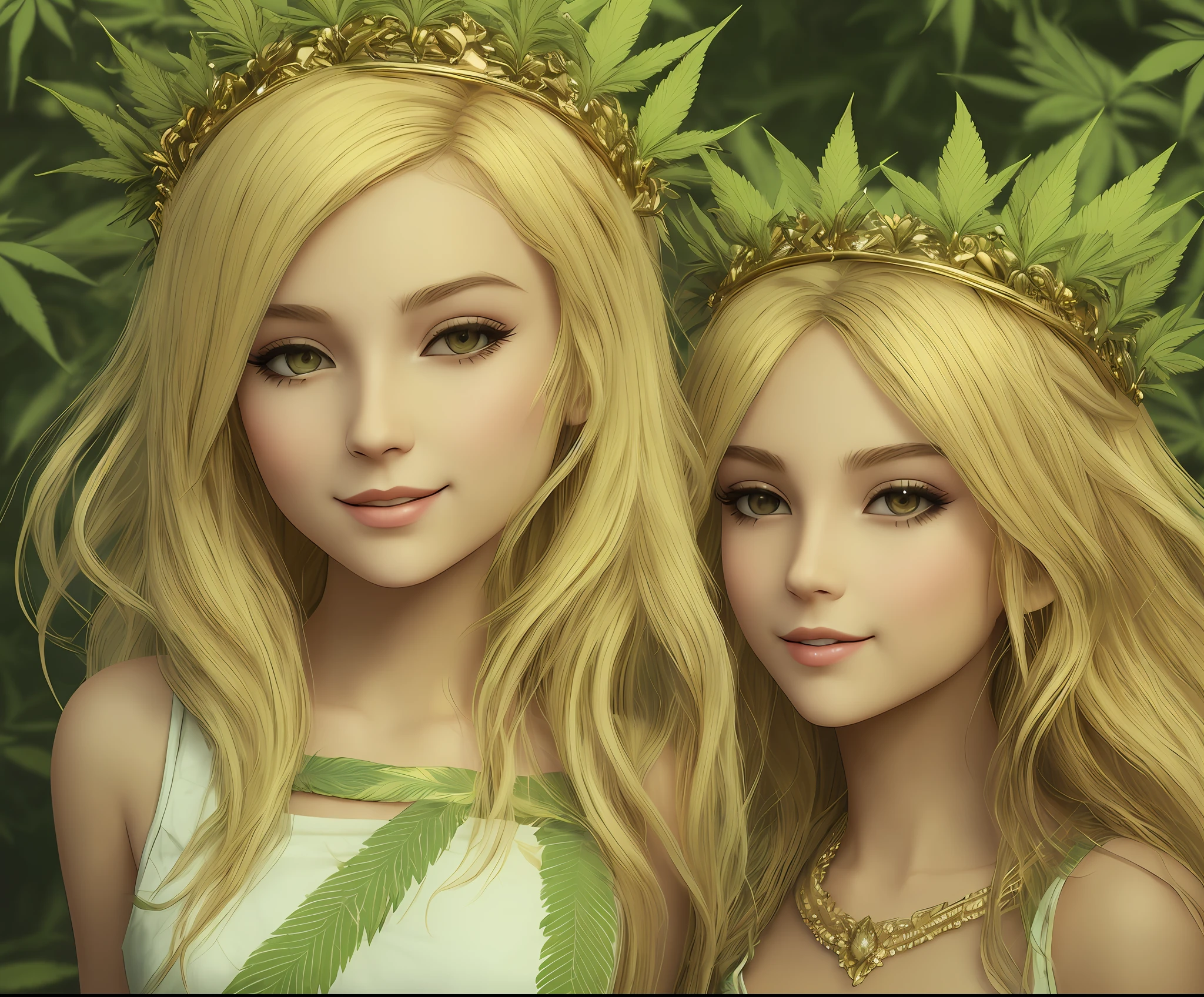 CG art of beautiful little American blonde girl, (Marijuana Goddess: 1.2), (Ganja Princess: 1.1), (Marijuana leaf crown: 1.2), cute girl, glamour pose, grinning, raising eyebrows, (paint by SamDoesArts: 1.3)