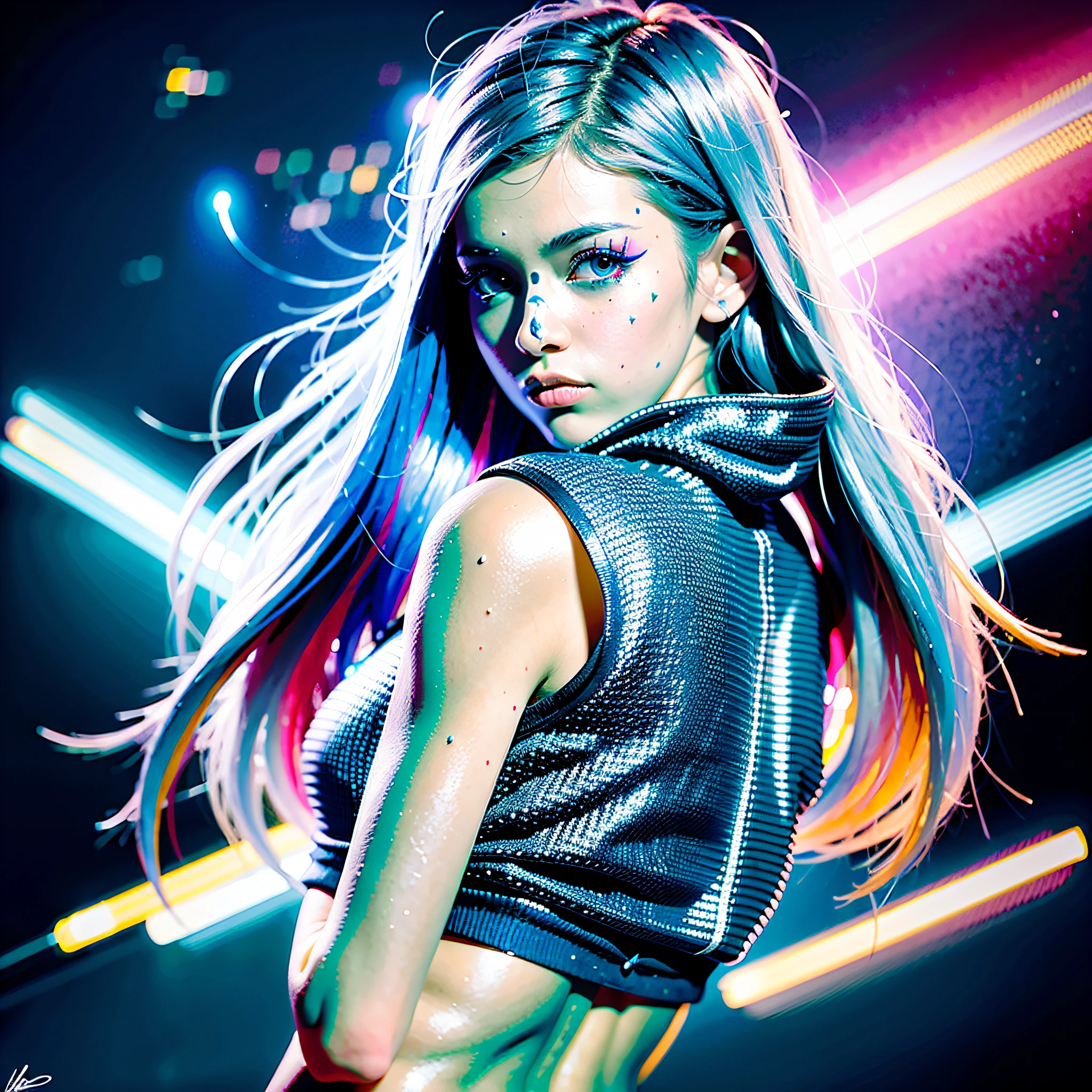 (Masterpiece), Best Quality, Ultra High Resolution, Little Girl, Cyberpunk 1girl Flying over Stunning Cityscape, Hoodie, Blue Hair, Neon Shooting Star, Very Long Hair, Off-the-Shoulders, Feather Hair Ornaments, Neon Color, Glitter, Stunning Night Sky, Cinematic Lighting, Realistic, Realistic Skins, HDR, Fisheye