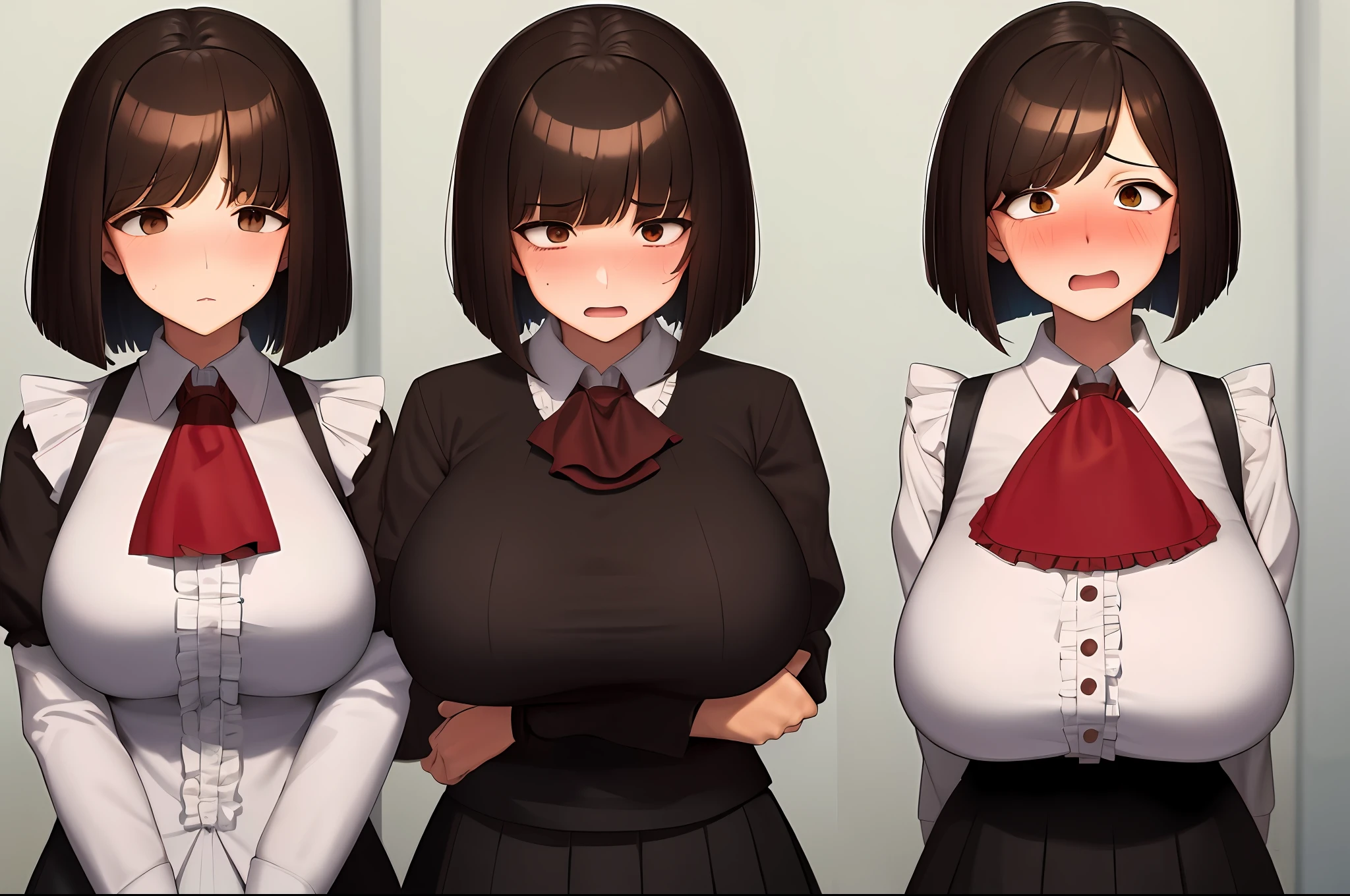 best quality, detailed face, detailed eyes, 1girl, upper body, two panels BREAK,
(bob cut:1.5), (side parted bangs:1.5), (dark brown hair:1.5), (brown eyes:1.5), short hair, (massive breasts:1.5), :d, (trembling:1.2), black skirt, long sleeves, meme attire, virgin killer outfit, white shirt, high-waist skirt, frilled skirt, pleated skirt, (red neck ascot:1.5), microskirt, (center frill:1.5) BREAK,
breast expansion, (BEPlus:1.5), (motion lines:0.7), trembling, looking at breasts, (embarrassed:1.3),shocked, aroused, breast focus, (girl in her bedroom:1.5), cleavage