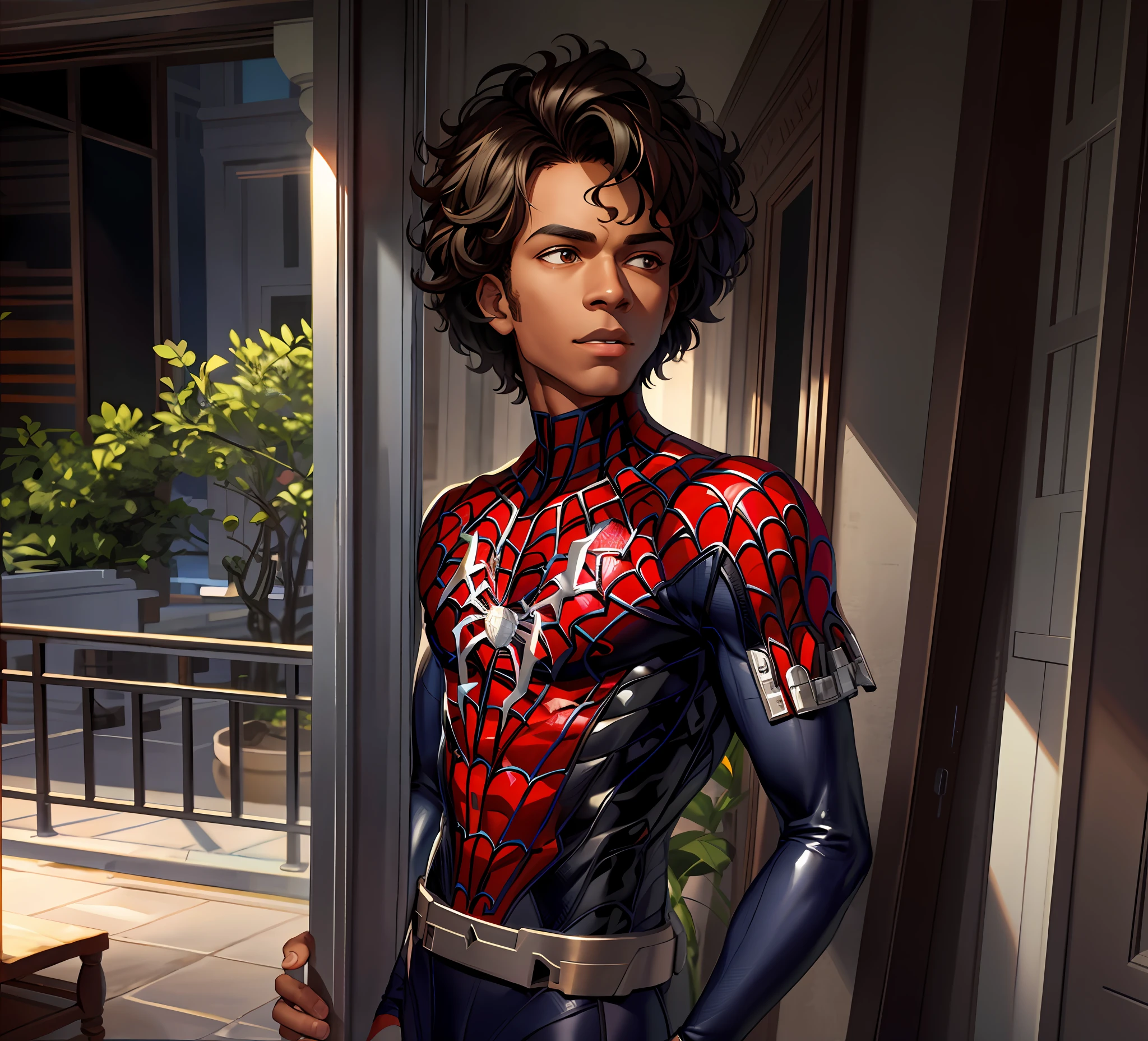 best quality,game cg,1 black boy, biracial boy, masterpiece, best quality, 8k, detailed skin texture,fit body, muscles, detailed cloth texture, handsome detailed face, long sleeves, intricate details, ultra detailed, Spider-Man uniform, Spider-Man cosplay, curly black hair, light brown skin, light brown eyes, newyork city, blue sky,