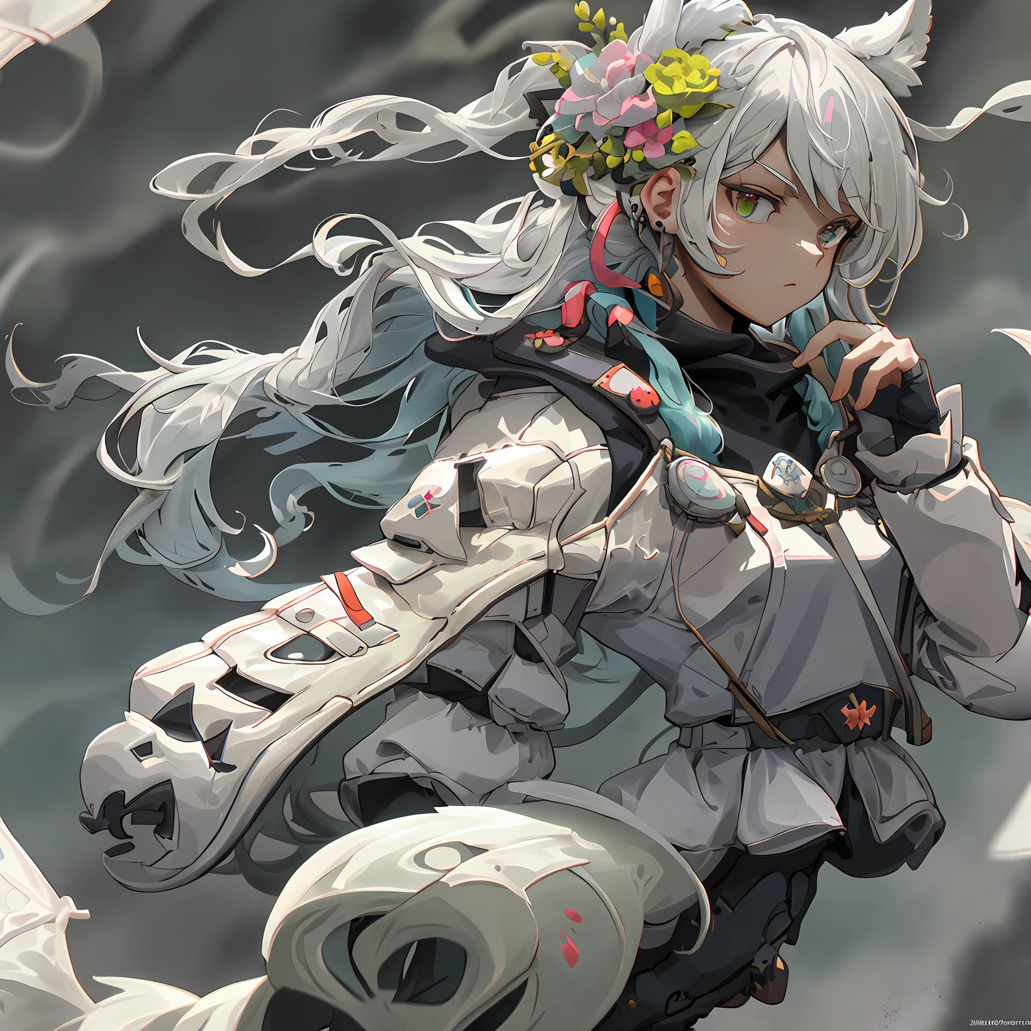 (Masterpiece), (Excellent), (Extremely Fine), White Dew, Square, Spectator, Dragon's Tail Horns, Upper Body, Flowers, Streamers, Clouds, Cat's Ears