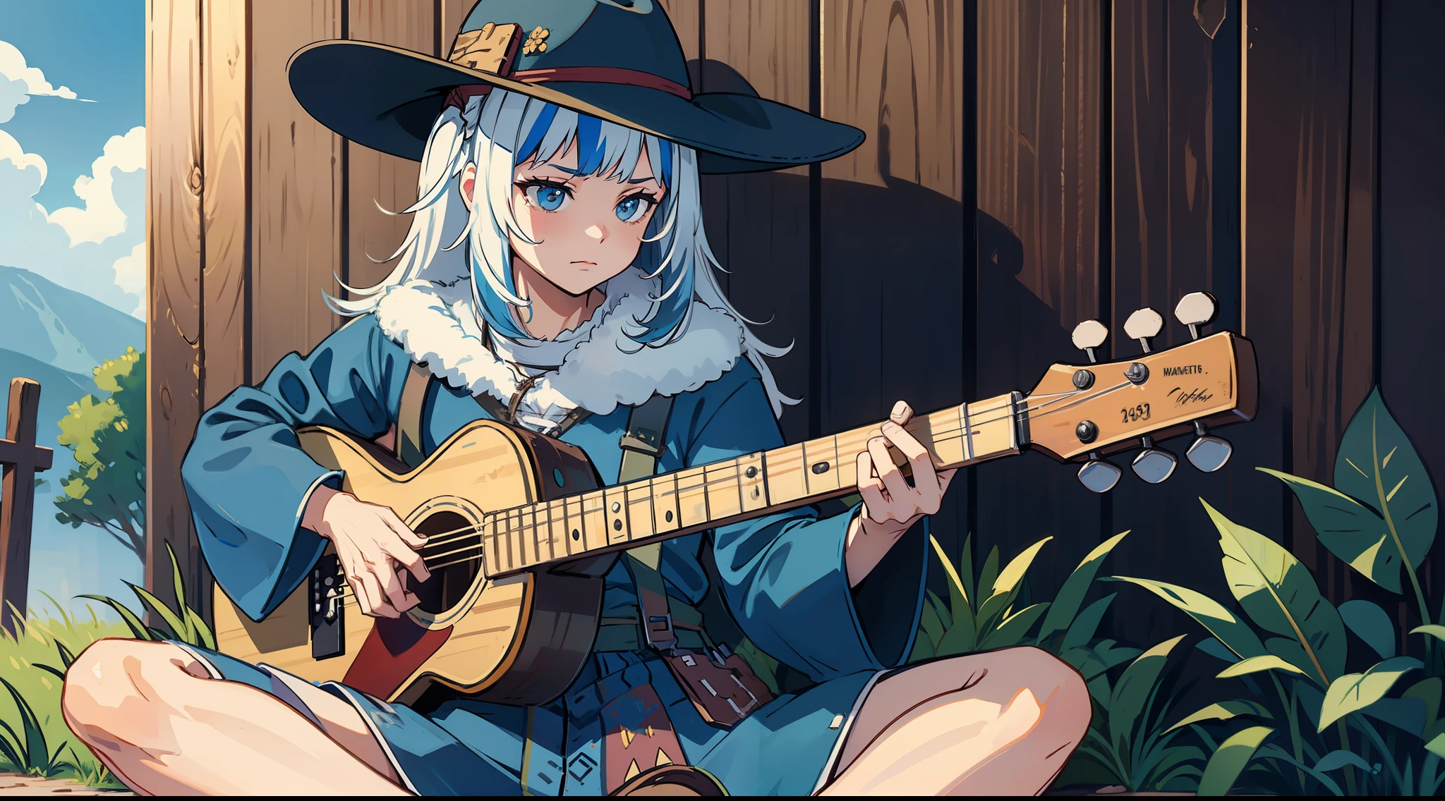 playing guitar, sitting on the floor, grass around, wooden wall behind, sad features, old west, old west clothes, northeastern bandit hat