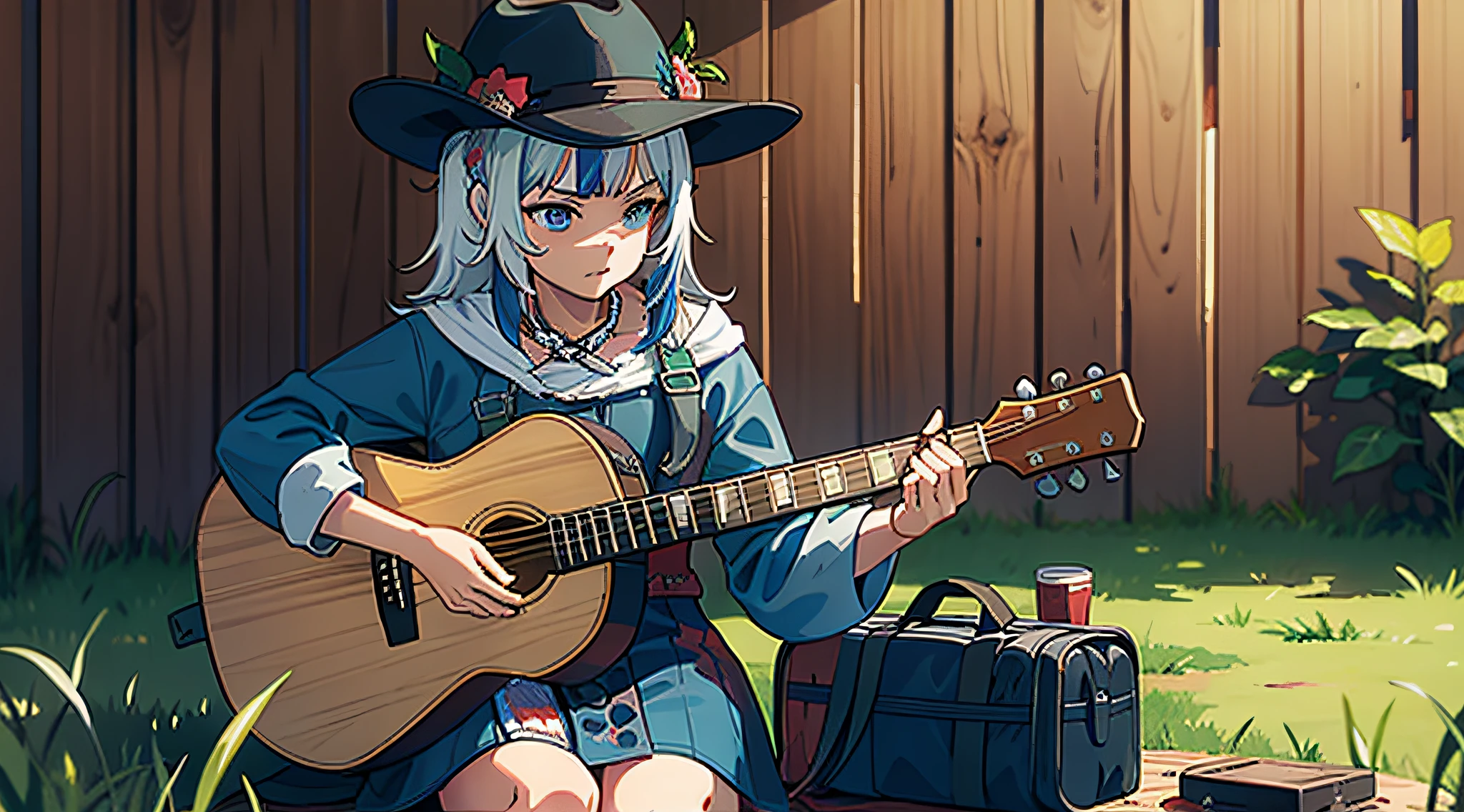 playing guitar, sitting on the floor, grass around, wooden wall behind, sad features, old west, old west clothes, northeastern bandit hat