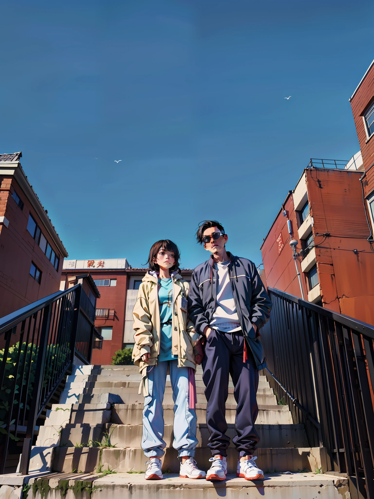 Two people stood on the steps of a building, A photograph inspired by Cheng Jiasui, Instagram, happen, Nguyen Jia and Bong Hua Jong, Sunny day, In clear weather, sunny day, Nguyen Jia and Brom, James Jean and Zhong Fenghua, Arhitectural Shot, On the roof, On city streets, anime, Romanticism, anatomically correct