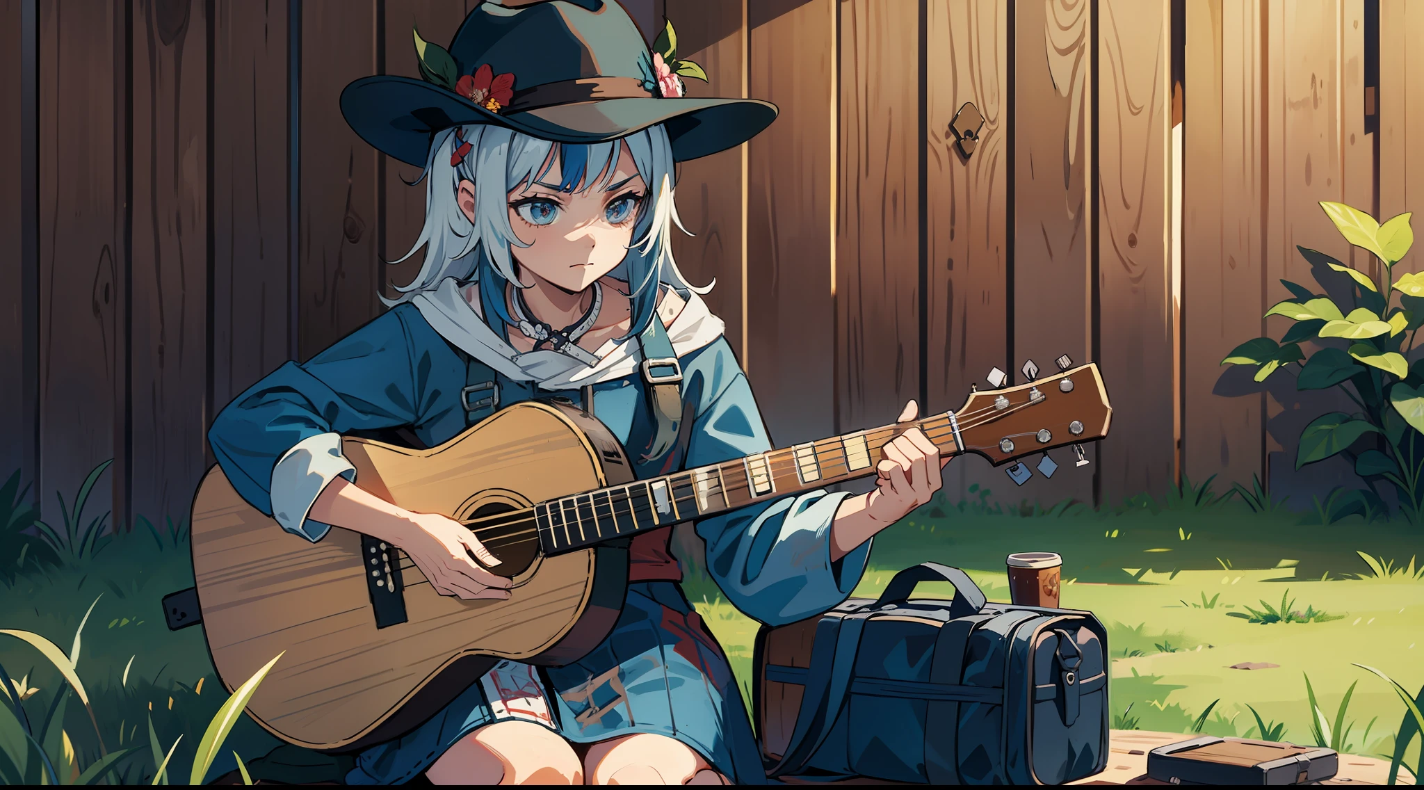 playing guitar, sitting on the floor, grass around, wooden wall behind, sad features, old west, old west clothes, northeastern bandit hat