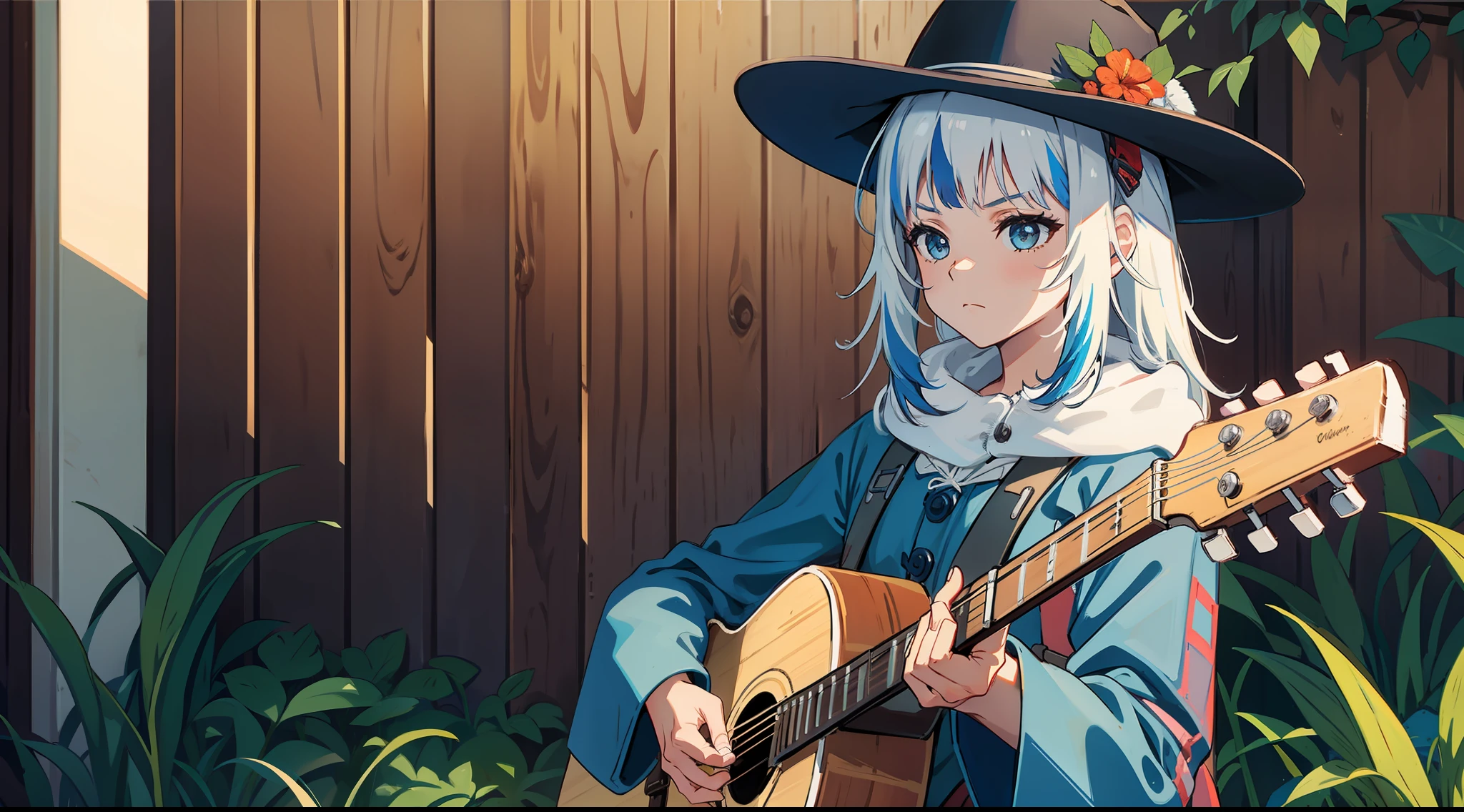 playing guitar, on the bump of the road, grass around, wooden wall behind, sad features, old west, old west clothes, northeastern bandit hat