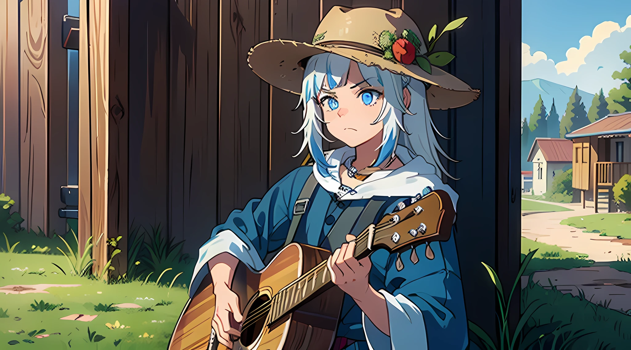 playing guitar, on the bump of the road, grass around, wooden wall behind, sad features, old west, old west clothes, northeastern bandit hat