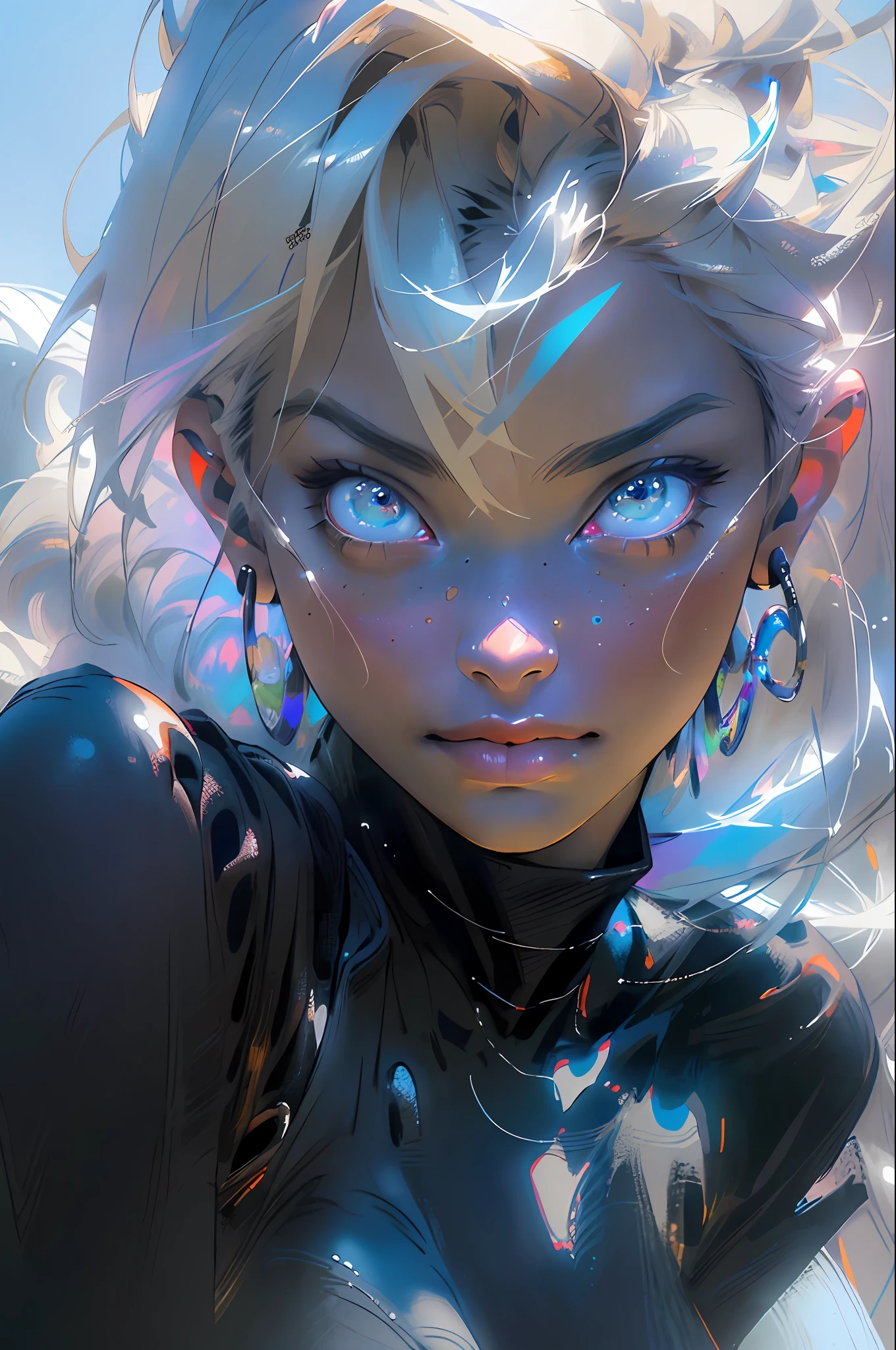 melancholy, quiet, calm, bright, masterpiece, best quality, 1girl, (JinxLol:1.2), (ultra photorealistic:1.3), (masterpiece:1.4), best quality, ((realistic)), high quality, ultra detailed, ((real image)), ((realistic skin)), ((realistic face)),(illustration:1.05), (beautiful:1.05), (beautiful detailed eyes:1.05), (cinematic light:1.1), light blue highlights, full body, barbarian warrior of a fantasy world, movie poster
