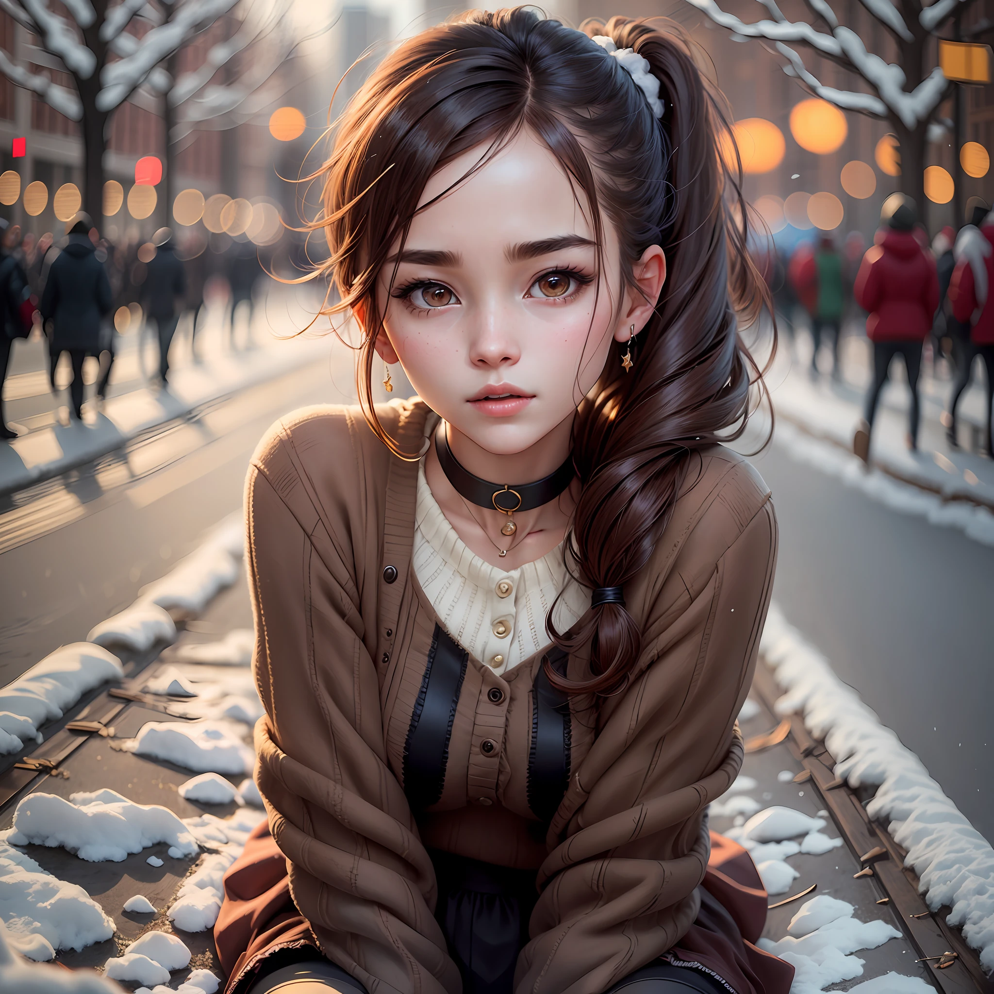 Emma Watson, (Best quality details: 1.2), realistic, 8K UHD, high definition, (1girl: 1.2), Ultra detailed, high quality texture, intricate details, detailed texture, finely detailed, high detail, extremely detailed cg, high quality shadow, beautiful detailed delicate face, beautiful detailed delicate eyes, depth of field, ray tracing, 20's, beautiful Kpop girl, (Korean ulzzang face: 1.1), slender face, (ulzzang-6500-v1.1: 0.6), PureErosFace_V1, Bright eyes, blush, glossy lips, perfect body, (choker, neckline, sweater, pantyhose: 1.1), (brown hair, ponytail: 1.1), winter_street, snow_particle, Christmas, 1boy, cowgirl position crouched, vaginal, pov, looking at the viewer --auto --s2