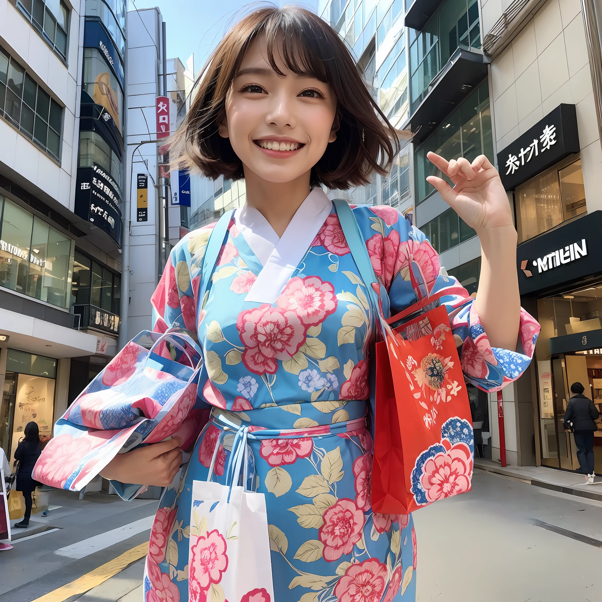 blue furisode, holding a shopping bag,
