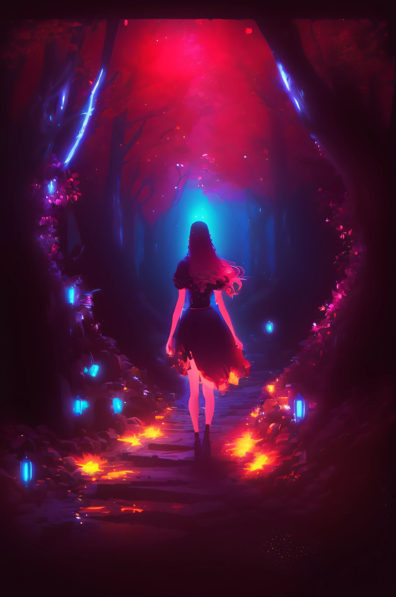 a woman walking down a path in a dark forest with glowing lights, inspired by Cyril Rolando, by Cyril Rolando, in style of cyril rolando, digital 2d fantasy art, alice x. zhang, fantasy art style, beeple and jeremiah ketner, fantasy digital painting, cyril rolando and m.w kaluta