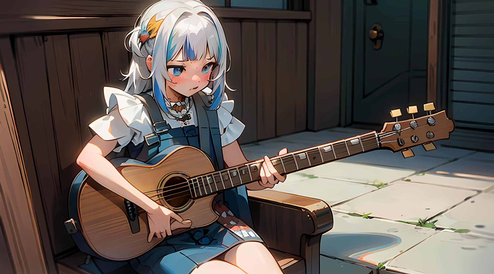 playing guitar, Wild West, sitting on the doorstep, having a beer, blushing