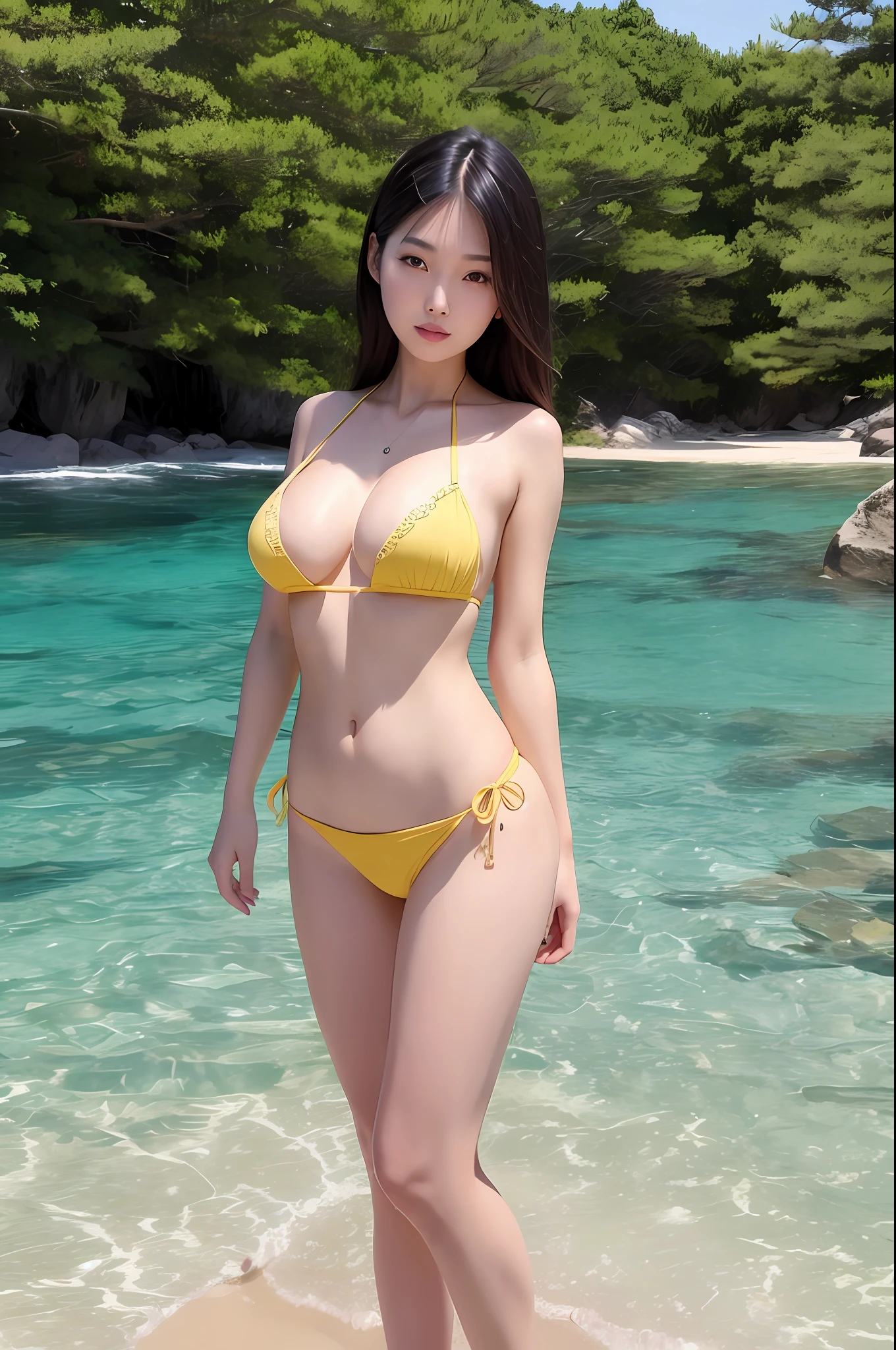 Woman in micro bikini standing on the beach, bare skin without makeup, bare legs, thighs, chinese girl, chinese woman, ((Huge bust)))))), beautiful asian girl, gorgeous chinese model, young asian girl, asian girl, asian woman, traditional china, young asian woman, korean girl, cute young woman, beautiful asian woman,asian woman,Japan model,chinese style,goddess of Japan, very tall, slender body, full body