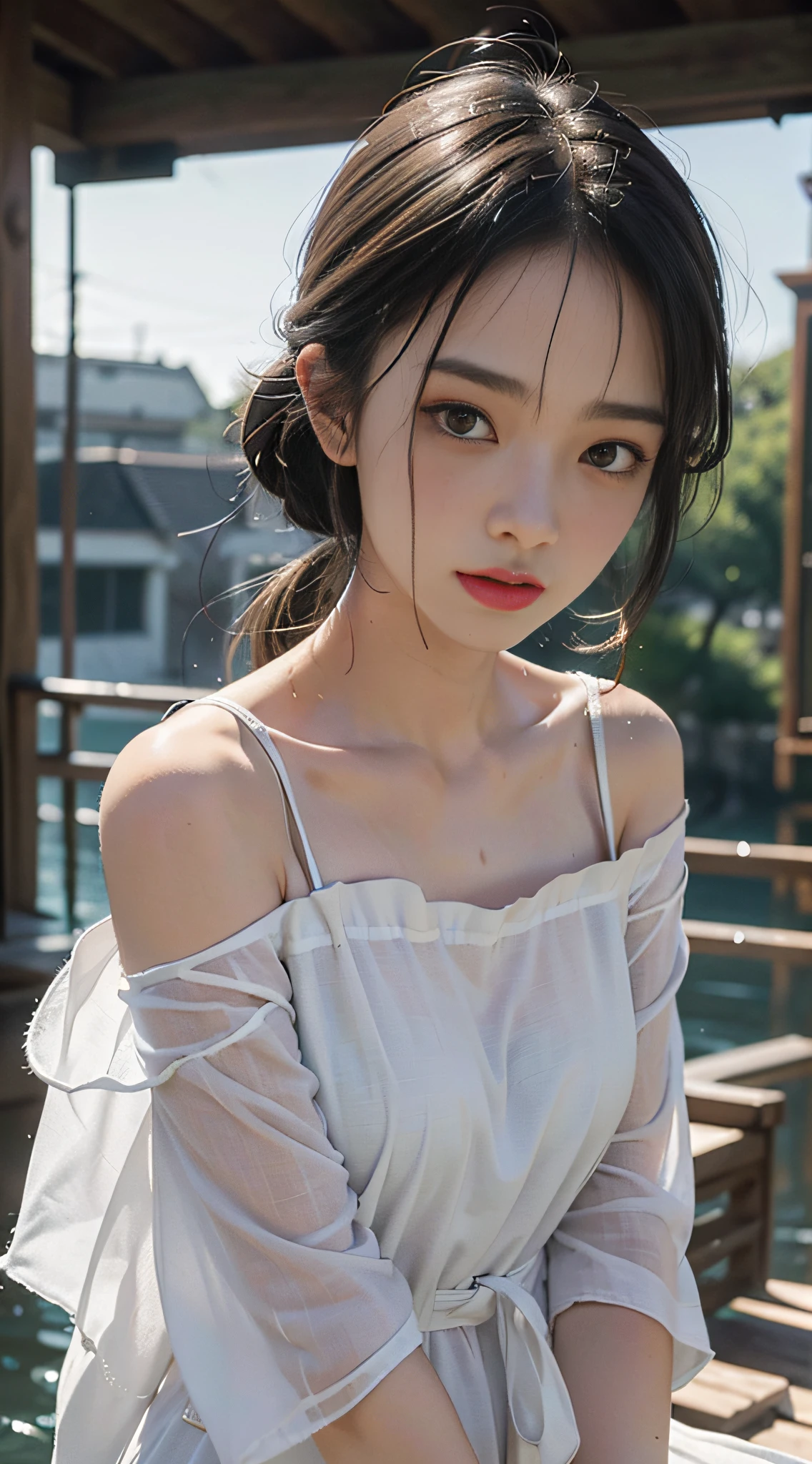 Best Quality, Masterpiece, Ultra High Resolution, (Fidelity: 1.4), Photo, 1 Girl, [(sad)], white shirt, dim, dark, despair, pity, pity, pitiful, movie, tears, teardrops, torn clothes, (wet clothes: 1.4), bare shoulders, real rain, wet hair