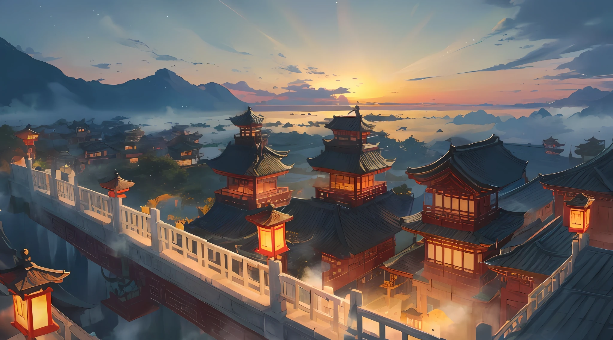 ( ( Top view, high angle view, Focal point composition) ) , Sunset Gradient, moonlit night, halo, beautiful light, beautiful play of shadow, light effects, Autumn, Ancient Chinese architecture, ( ( very spectacular sea of clouds, volume fog: 1. 5) ) , many raditional Chinese architecture on a floating island, there are many scattered buildings on the high mountain, ( huge Taoist incense burner, Sending out exquisite and beautiful magical effects) , waterfall cascading from the island, a vast sea of clouds, spectacular waterfalls, group of buildings, lanterns and sky lanterns floating in the air, high mountains, starry skies, soft color, refreshing, beautiful, Chinese landscape painting, cinematic lighting, fantasy, high detail, (close-up), (chiaroscuro),fine facial details,cinematic lighting, (depth of field), UHD, --v6