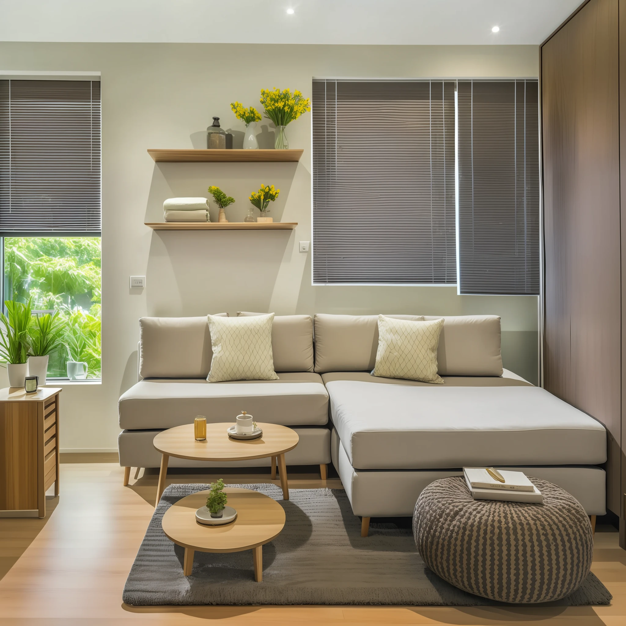 A small home of 30 square meters, warm, well-placed furniture, clean and hygienic, high resolution, fine details, sharp focus