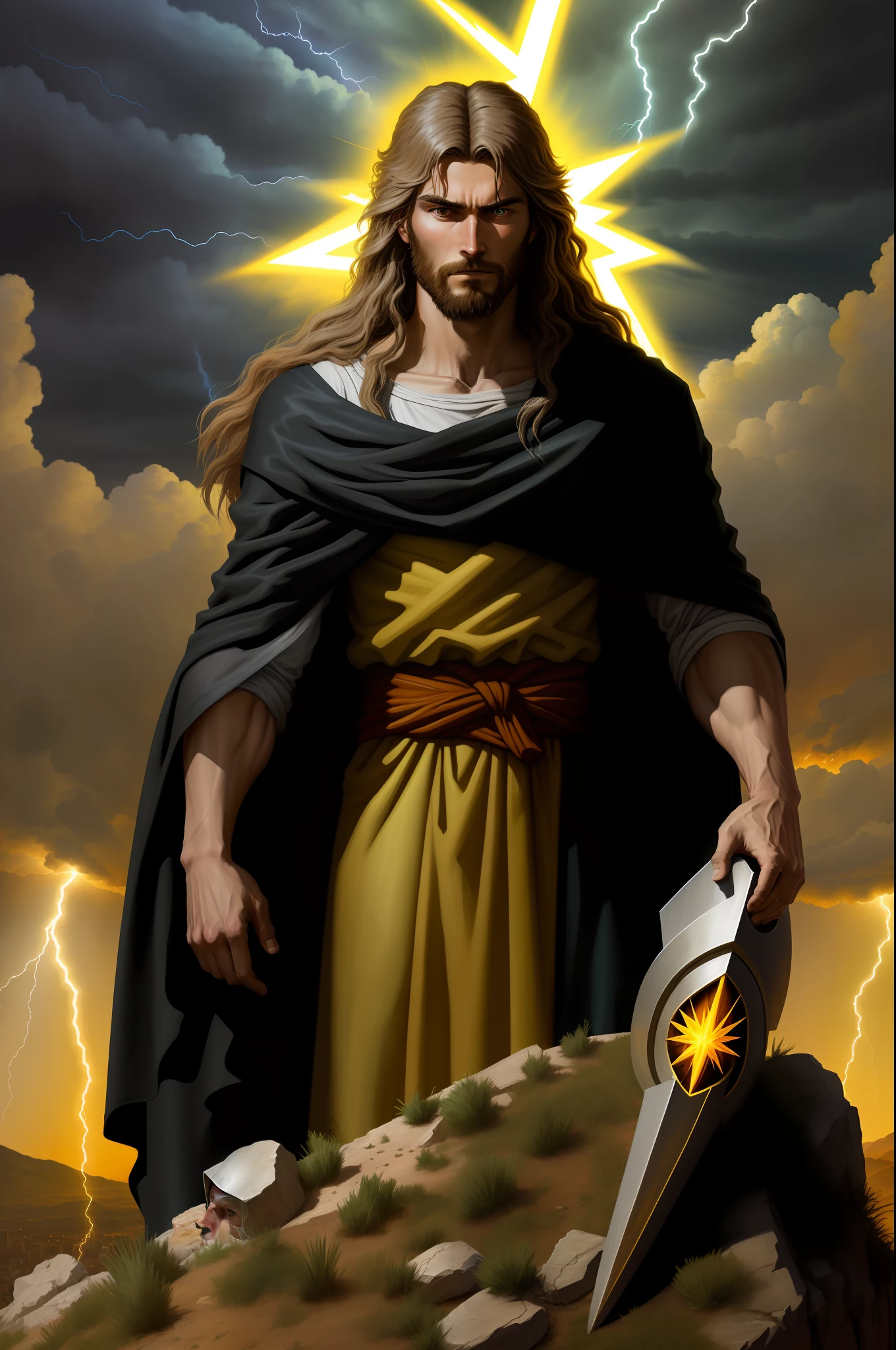 And (fenn_jesus:0.9) on the Mount of Olives restraining God, the sky with a lightning bolt illuminating his head