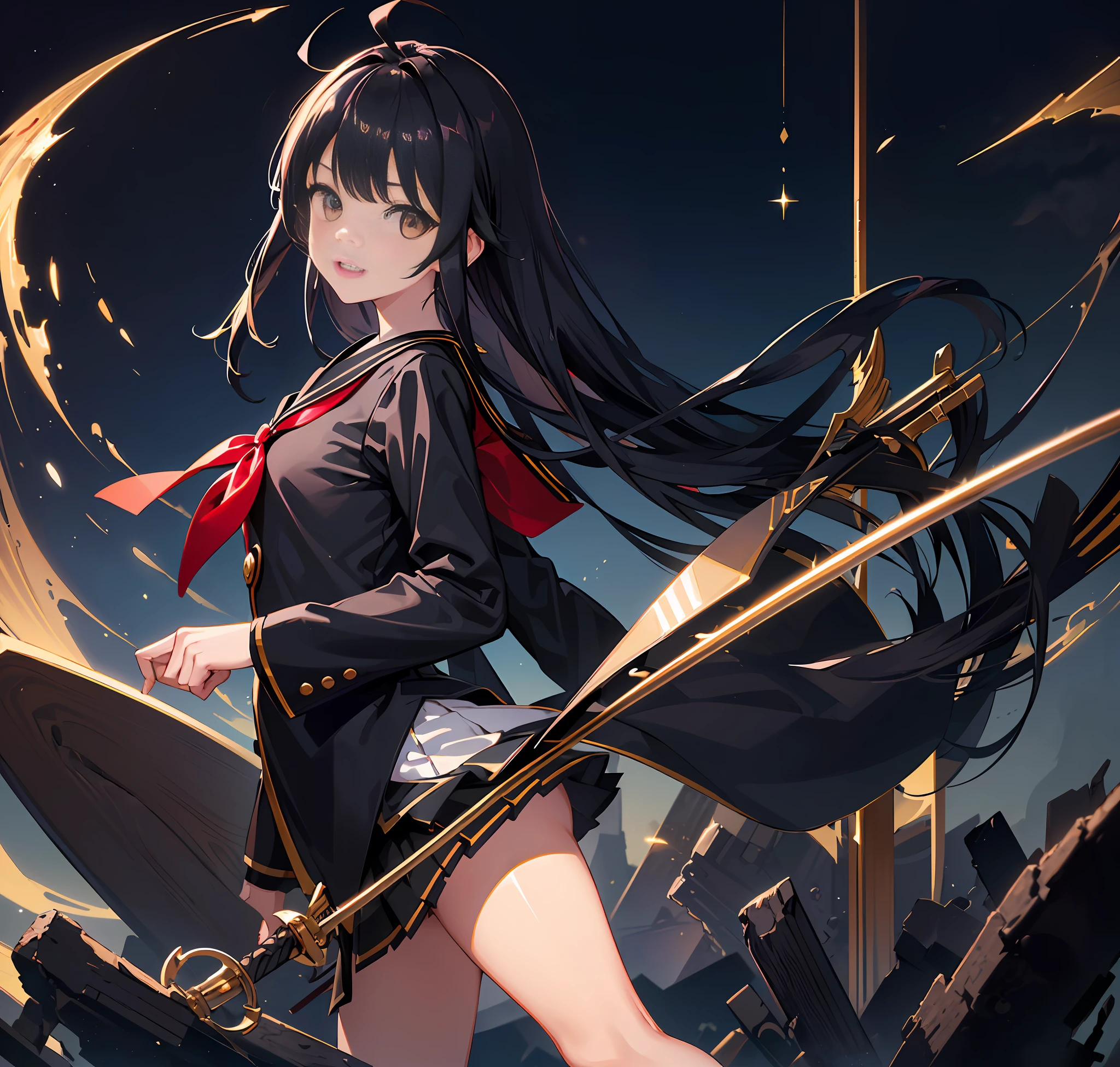 (Beautiful Girl, Black Long Hair + Small, Double Teeth, Sailor Suit, Blazer, Japan Sword:1.2, Magic Wand, Otherworldly Ruins, Dynamic Angle Scene, Staring Perspective, Partial Bokeh, Colorful Light Source with Light Placement, Golden Twin Tail Hair: 1.3+Ahoge: 0.9)