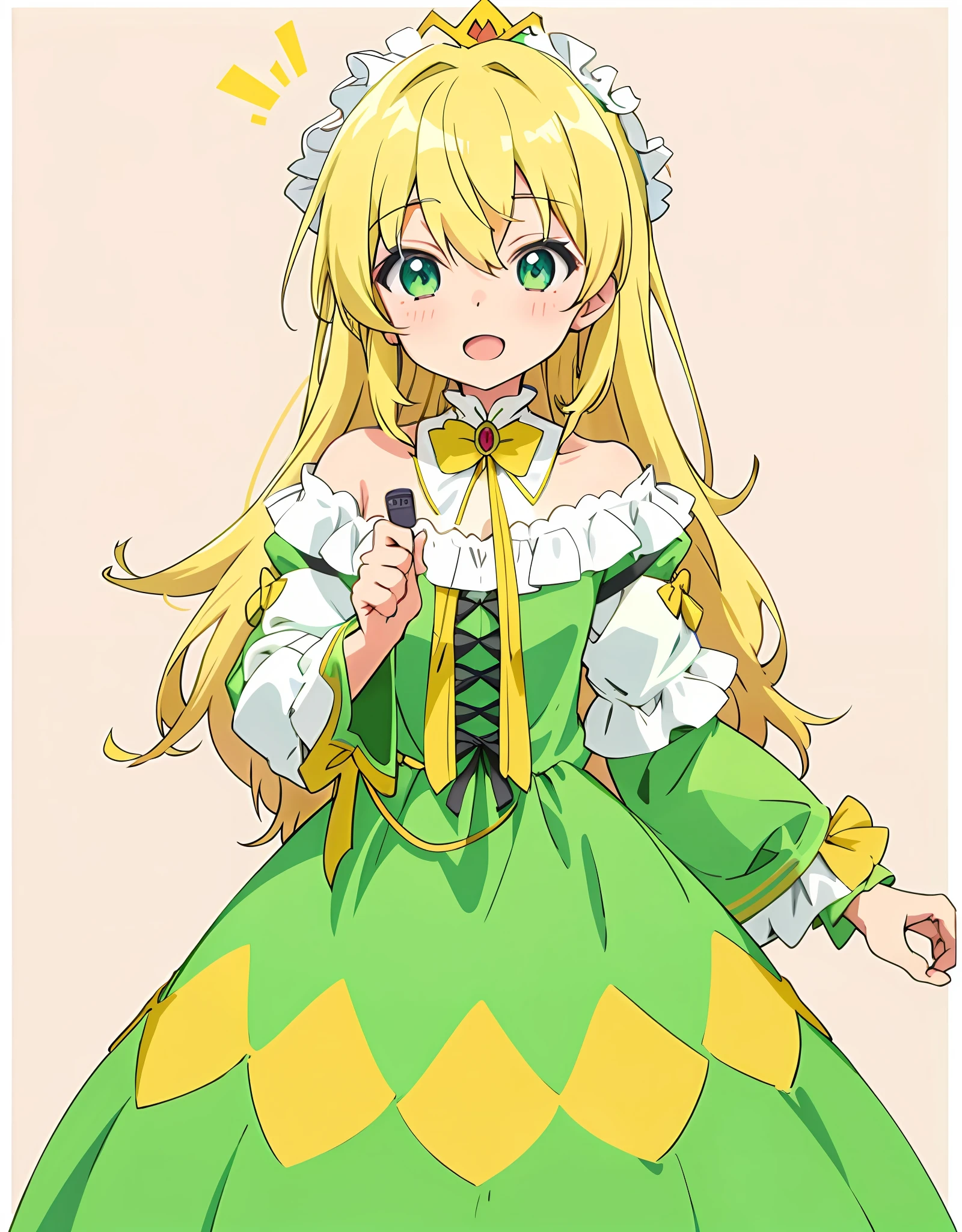 anime girl in green dress with yellow and white dress, loli in dress, anime visual of a cute girl, small curvy loli, rei hiroe, shirabii, anime moe artstyle, kirisame marisa, anime best girl, official art, marisa kirisame, anime girl named lucy, wearing a crown and green cape