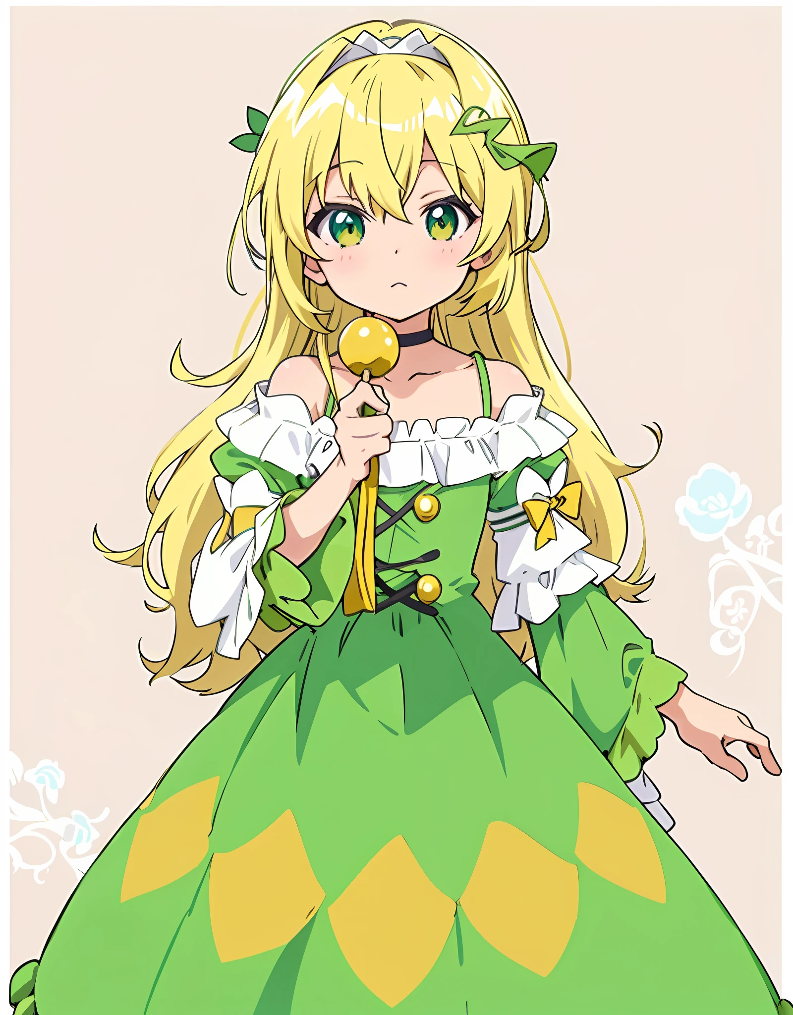 anime girl in green dress with yellow and white dress, loli in dress, anime visual of a cute girl, small curvy loli, rei hiroe, shirabii, anime moe artstyle, kirisame marisa, anime best girl, official art, marisa kirisame, anime girl named lucy, wearing a crown and green cape