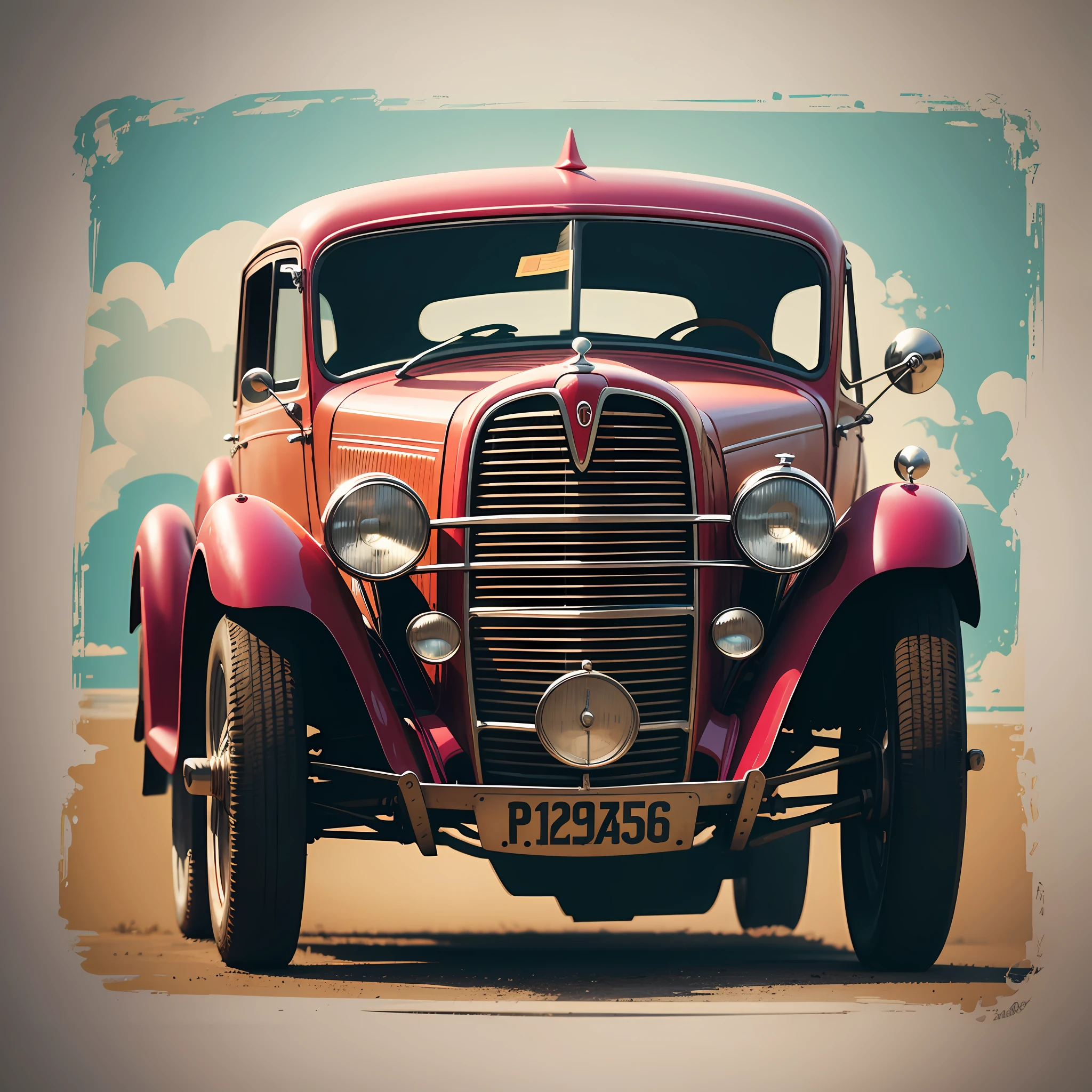 [Antique car] + [Cartoon style] + [Silk Screen] + [Vivid colors] + [Screen printing, screen printing, planographic engraving] + [Vector painting] + [Transparent background: 1.8] + [Full framing] + [Close-up composition] + [entire image] as a T-shirt print in style --auto --s2