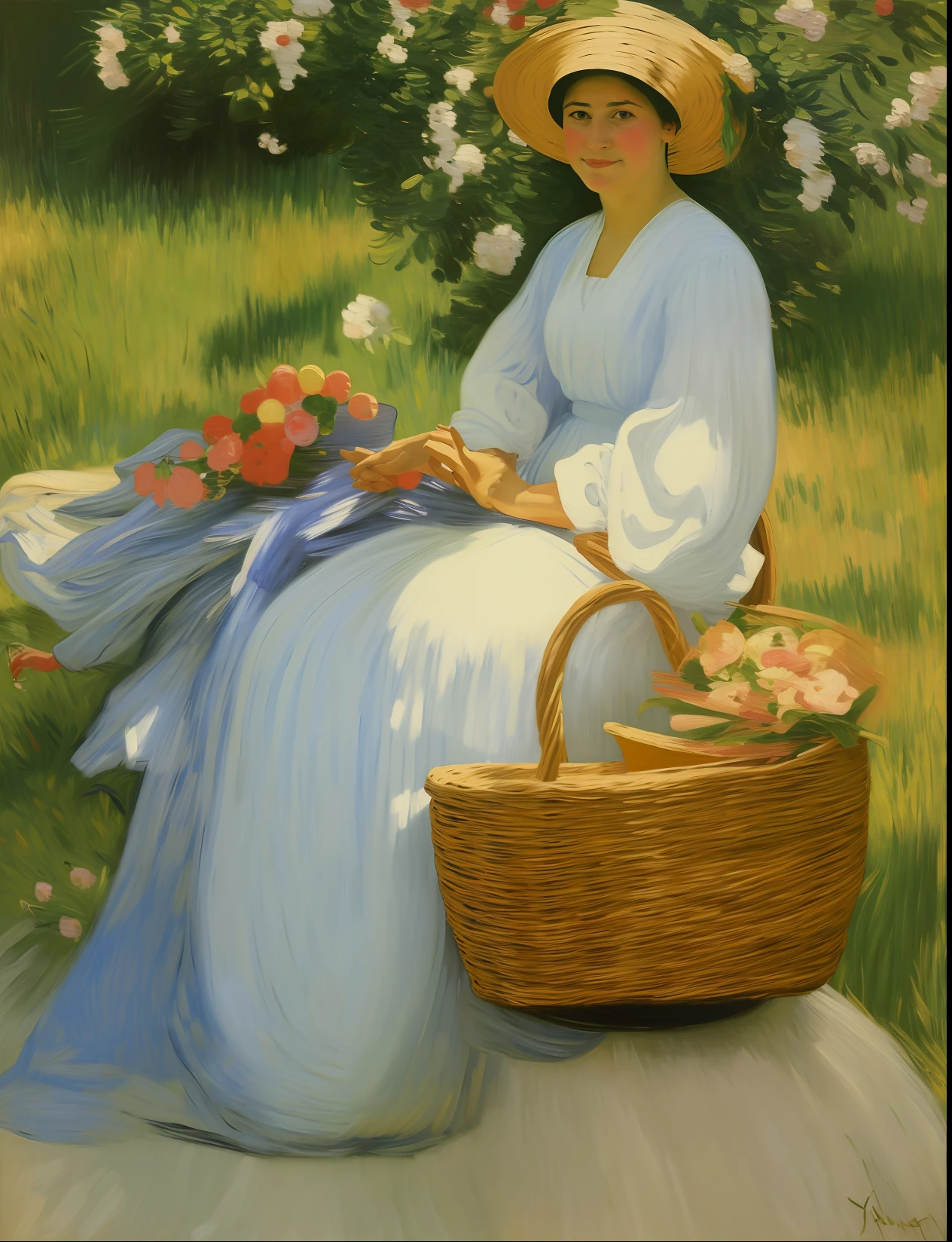 painting of a 1woman near a basket, an impressionist painting inspired by Jules Breton, instagram, american impressionism, fine art museum piece, painting of a woman, russian oil painting, john singer sargent style, vitaly bugarov, unknown artist, oil on canvas painting, russian impressionism, oil on canvas (1921)”, orientalist painting