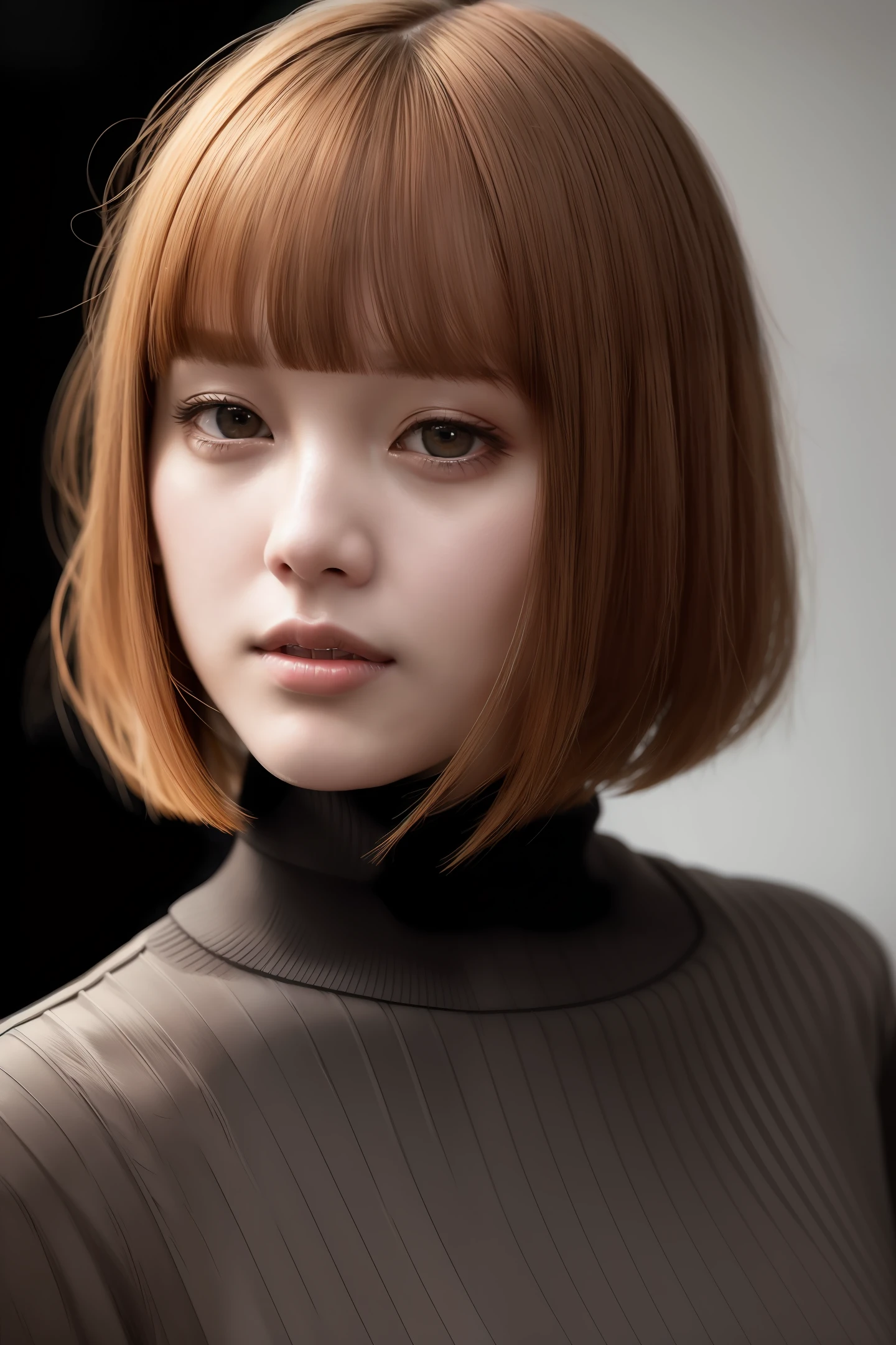Best quality, masterpiece, ultra high res, (photorealistic:1.4), raw, 1woman, bangs, bob cut hair, ginger hair, detailed eyes and face, black sweater, dynamic lighting, in the dark, deep shadow, low key, asian style