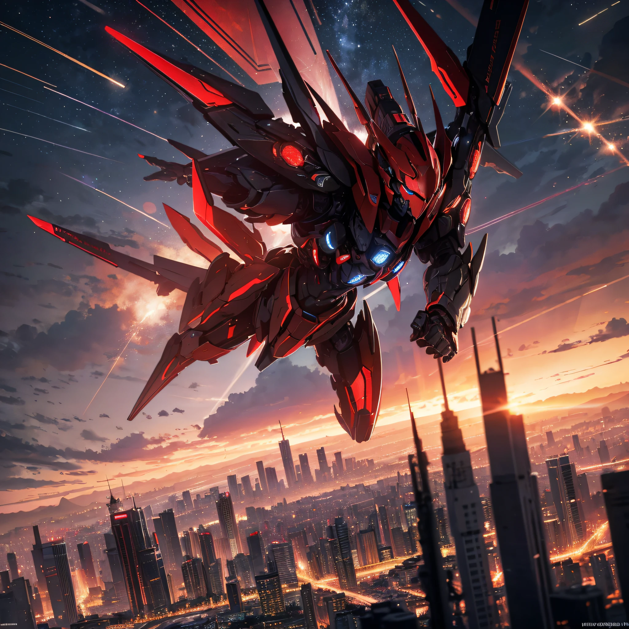 Absurd resolution, high resolution, (masterpiece: 1.4), hyper-detail, night, a red mech, flying in the sky (1.8) above the city,