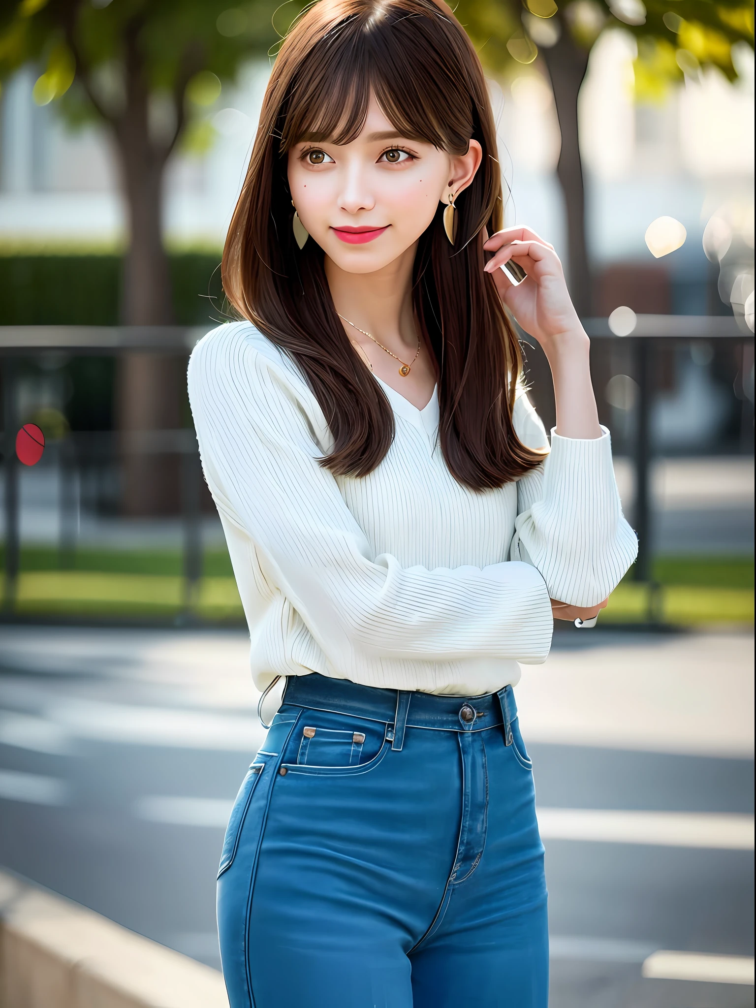 Top Quality, Realistic, 8K, Solo, Smile, Masterpiece, One Girl, Bokeh, Depth of Field, Professional Lighting, High Resolution, Gorgeous, Bangs, Lens Flare, Cute, Photorealistic : 1.37, Earrings, RAW Photography, Absurdity, Watching Viewer, Skindentation, Female, Full Body, Masterpiece: 1.2, Portrait: 0.6, Necklace, pureerosface_v1,　skinny, dynamic pose, mole, floating hair, lips