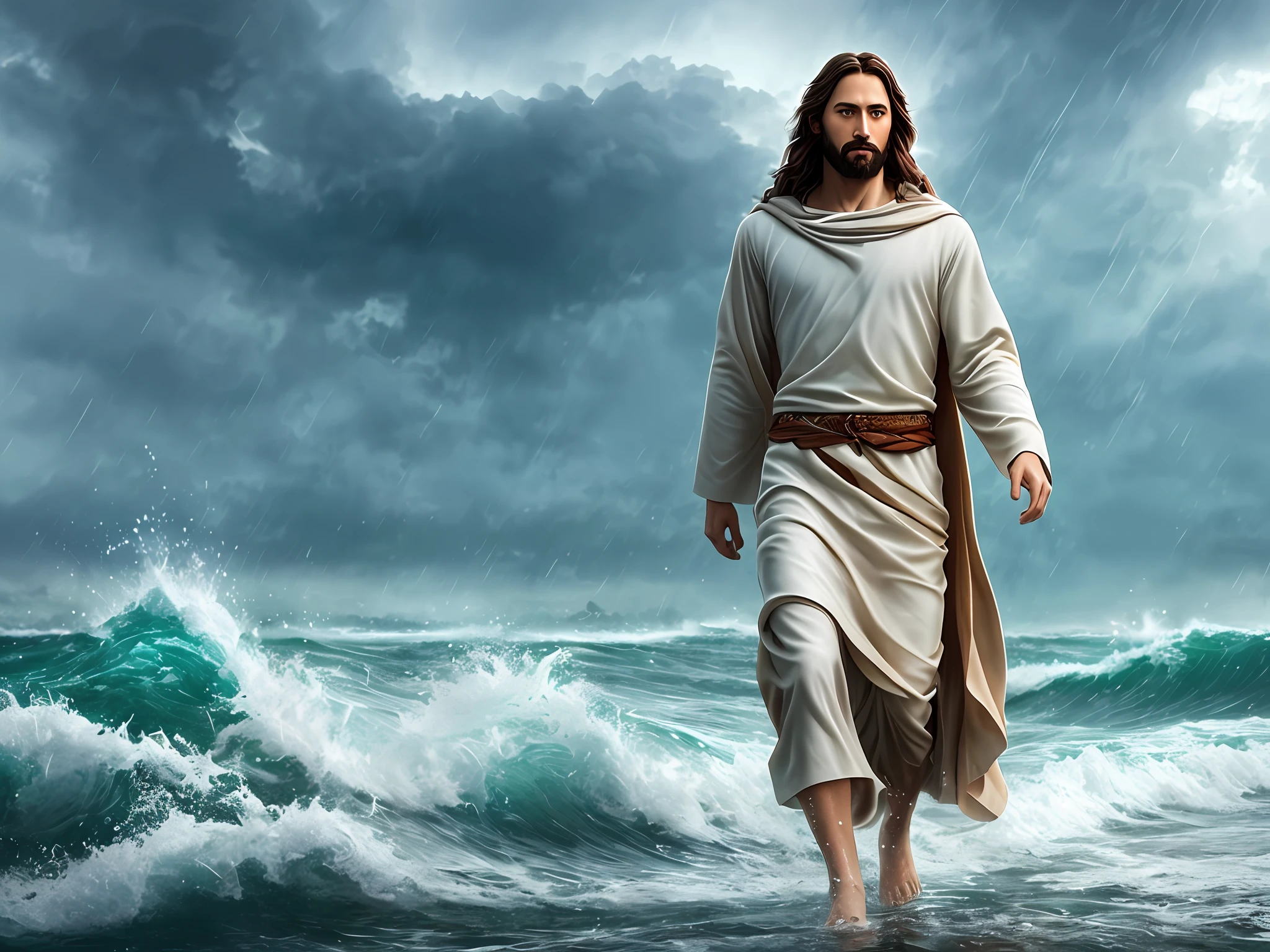 jesus walking on water in a storm, masterpiece, best quality, high quality, extremely detailed CG unit 8k wallpaper, award winning photography, Bokeh, Depth of Field, HDR, bloom, Chromatic aberration, photorealistic, extremely detailed, trending on artstation, trending on CGsociety, intricate, high detail, dramatic, mid-journey art, volumetric lighting