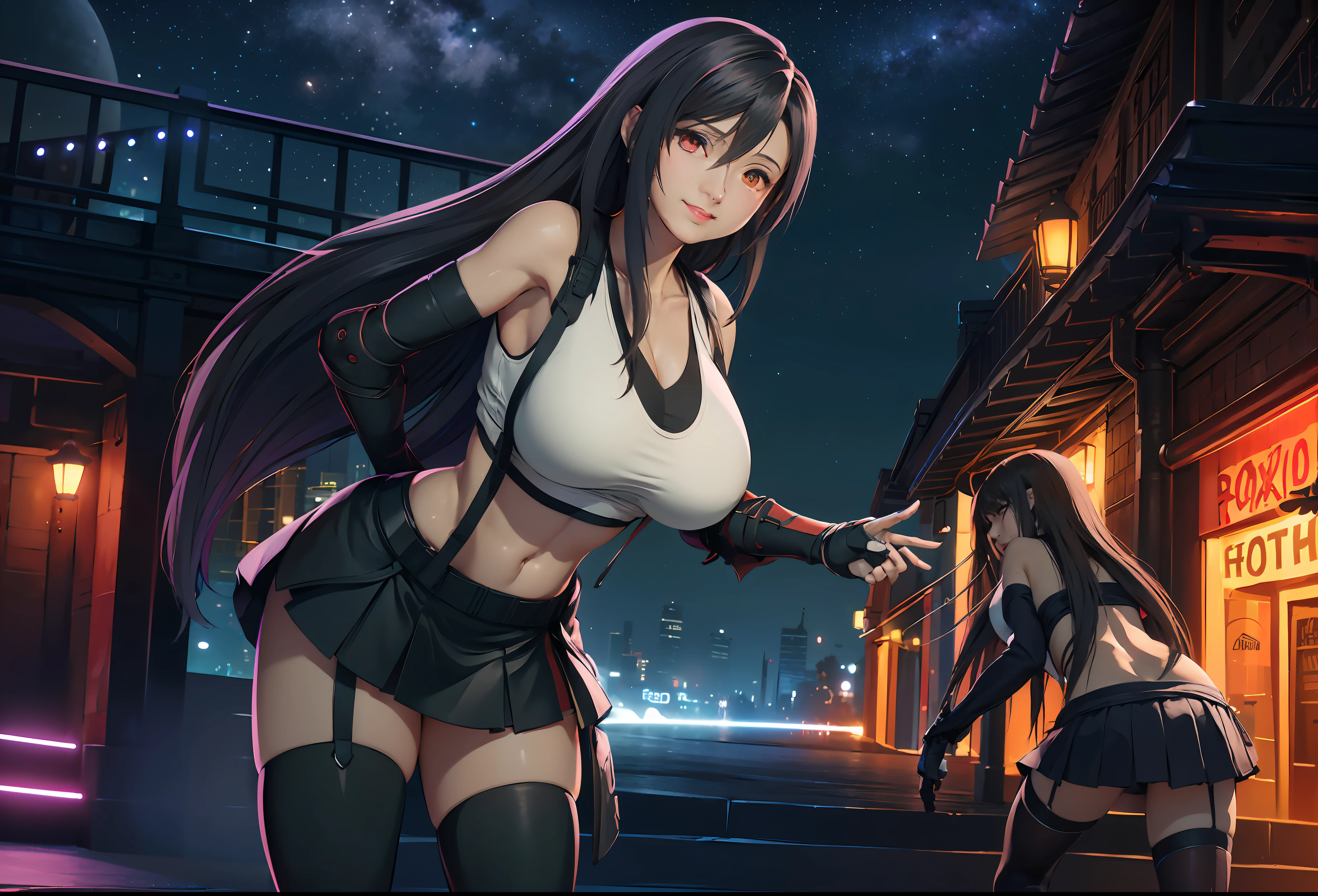 pureerosface_v1,  ulzzang-6500,  corneo_covering_breasts_one_arm, sexy pose, (8k, best quality, masterpiece:1.2), (realistic, photo-realistic:1.37), ultra-detailed,
1 girl,cute, solo, (tifa lockhart), (big breasts),(beautiful detailed eyes), (smile:1.2), (closed mouth), arms behind back,
neon lights, cityscape, depth of field, dark intense shadows, sharp focus, cars, motion blur, motor bikes, depth of field, good composition, green glowing light,
Final Fantasy VII, dating,(nose blush), single elbow pad, black hair, red shoes, muscular,abs,taut shirt,no bra,black skirt, thighhighs, full body, head rest, lips, pretty face, low-tied long hair, ((red_eyes)), yellow flowers, (night:1.3), intricate, bokeh, cinematic lighting, photon mapping, radiosity, physically-based rendering, (Tetsuya Nomura style)