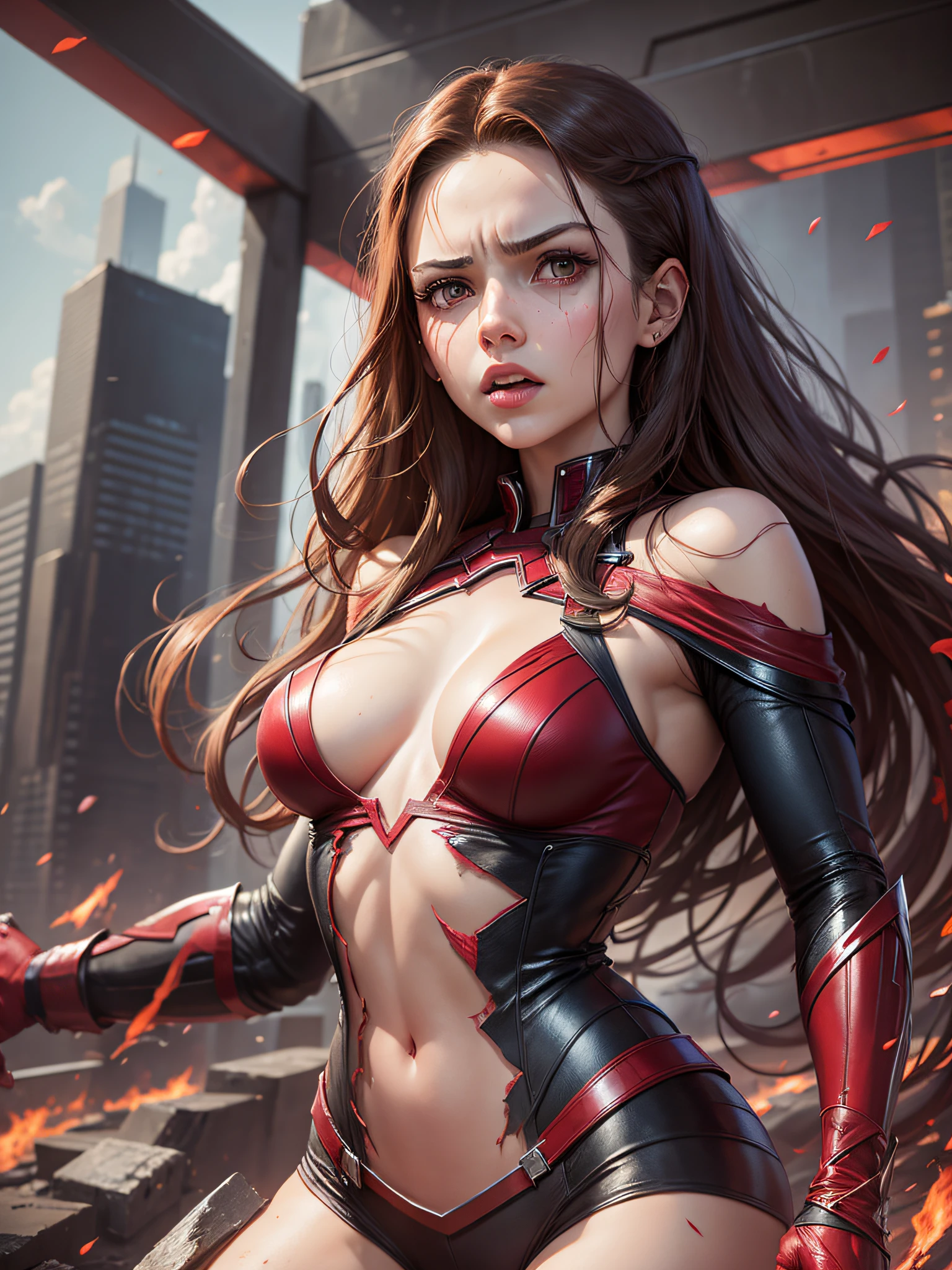 1girl, scarlet witch from mcu, firm body, torn clothes, angry face