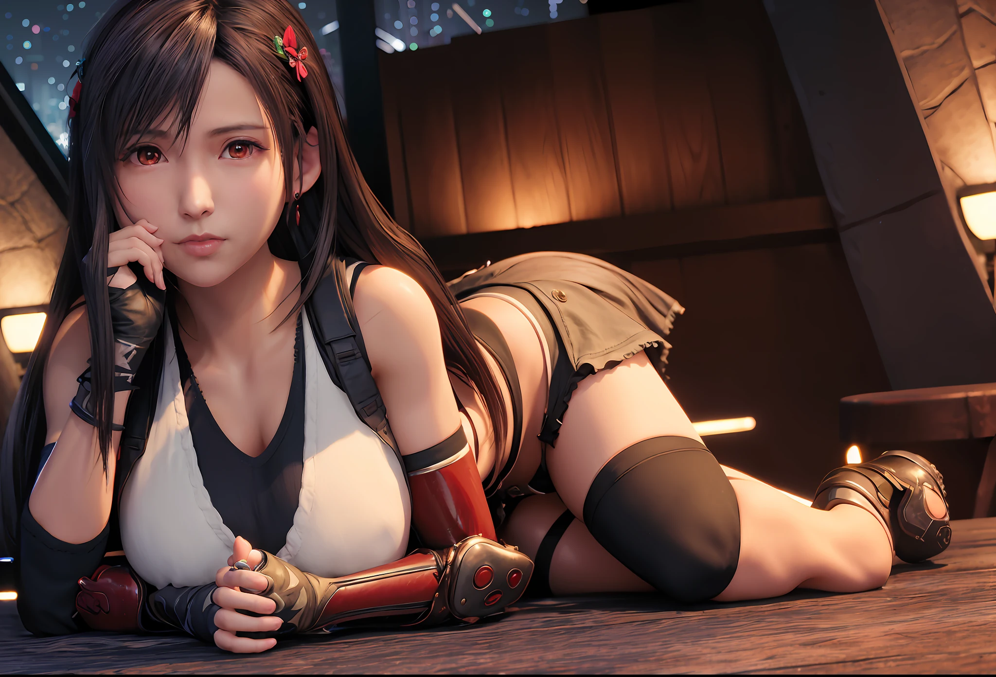 pureerosface_v1,  ulzzang-6500,  corneo_covering_breasts_one_arm, sexy pose, (8k, best quality, masterpiece:1.2), (realistic, photo-realistic:1.37), ultra-detailed,
1 girl,cute, solo, (tifa lockhart), (big breasts),(beautiful detailed eyes), (smile:1.2), (closed mouth), arms behind back,
neon lights, cityscape, depth of field, dark intense shadows, sharp focus, cars, motion blur, motor bikes, depth of field, good composition, green glowing light,
Final Fantasy VII, dating,(nose blush), single elbow pad, black hair, red shoes, muscular,abs,taut shirt,no bra,black skirt, thighhighs, full body, head rest, lips, pretty face, low-tied long hair, ((red_eyes)), yellow flowers, (night:1.3), intricate, bokeh, cinematic lighting, photon mapping, radiosity, physically-based rendering, (Tetsuya Nomura style)