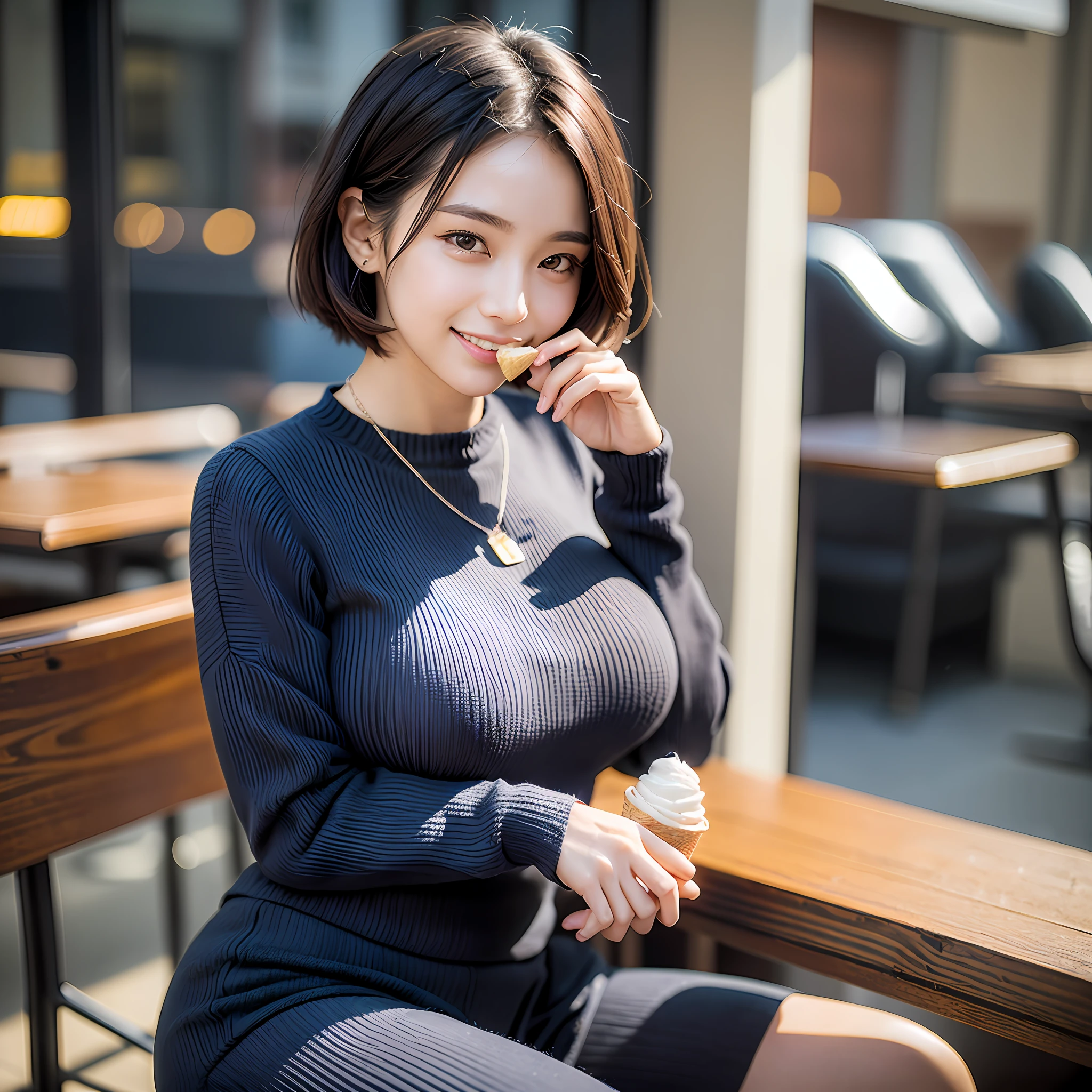 18 year old girl with perfect face and big breasts, cute clothes, slim and slender physique. The skin has detailed and highly detailed eyes (1.1 emphasis), very detailed skin texture (1.1 emphasis). slender necklace, model photo style, photorealistic, skin texture is real human skin texture, detailed skin pores, intricate details, eyes very detailed, from the knee up, short bob, attractive sexy little bit, smile, happy smile, eating ice cream in a café, sitting, dark blue high neck knit sweater, black long pants, café, sweets --s2