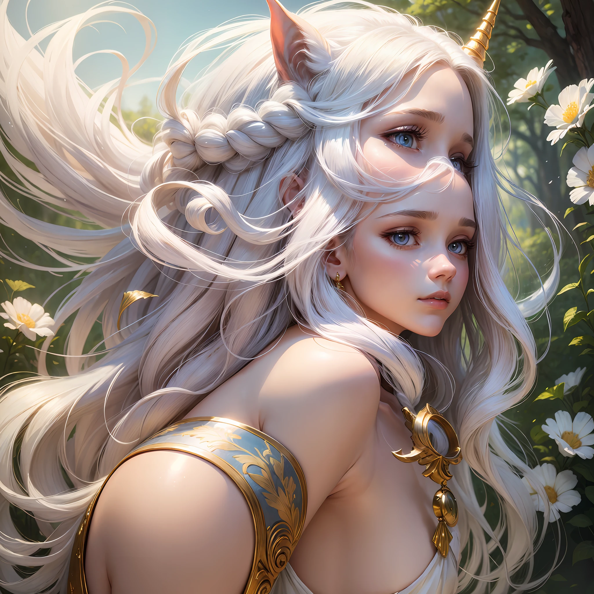 A masterpiece-level CG artwork with a fresh and soft painting style. The subject is a fairy beautiful girl unicorn, (centaur), (female), with a white unicorn on the forehead, golden eyes with smooth and fair skin, trimmed white clothes patting in the wind, long white hair hanging, looking up at the sky is extremely graceful, hair flutters in the wind, and the side braids are elegant and charming. The unique composition of the upper body of the picture highlights the exquisite beauty of the beautiful girl, with endless charm in simplicity. --auto --s2