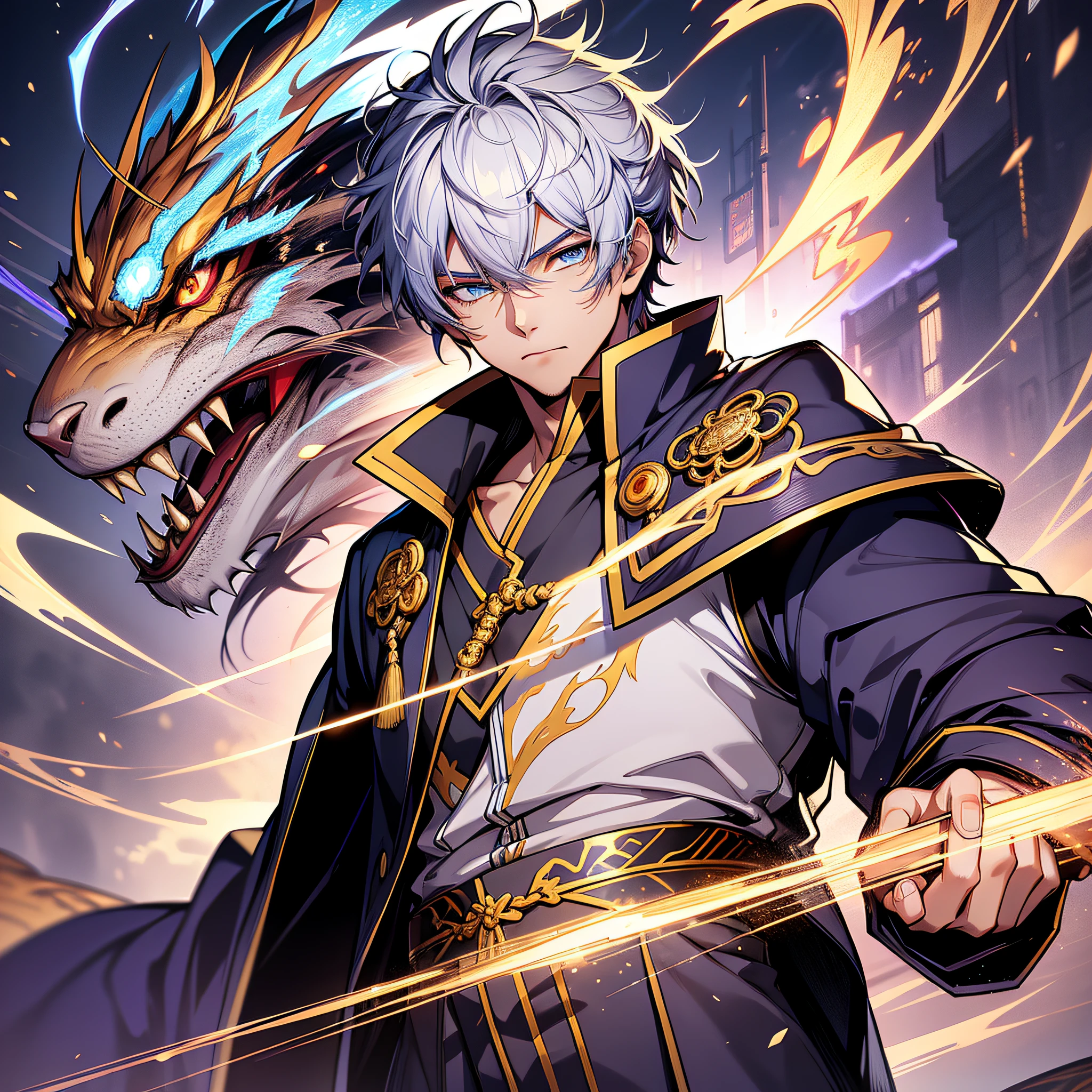 Ultra HD, Super Detail, High Detail, Best Quality, High Quality,
A boy with short white hair, wearing a Chinese purple-gold Taoist robe, blue eyes, lightning mage, Chinese dragon background, lightning scattered