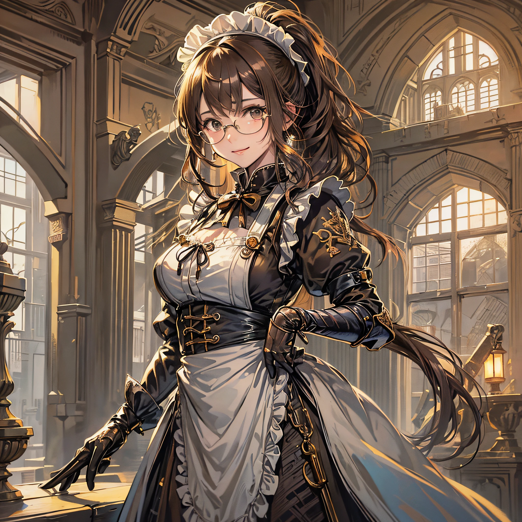 Masterpiece, (Detailed illustration), Anime, i girl, maid, maid costume, light skin, light brown eyes, dark brown hair, ponytail hair, medieval maid, medieval maid clothes, standing, hand on waist, smiling, glasses --auto --s2