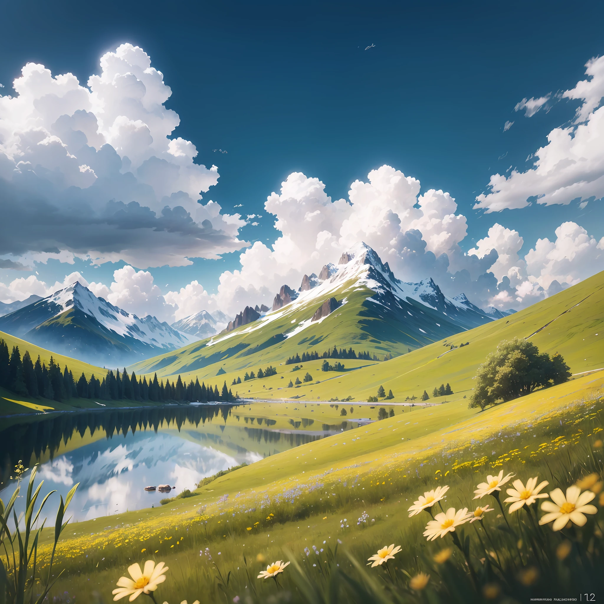 summer, meadow, some small flowers, clear lake, sheep, heaven, big clouds, blue sky, hot weather, HD detail, wet watermark, hyper detail, soft light, deep field focus bokeh, distant view is snowy mountain, ray tracing, surrealism, 4K --auto --s2